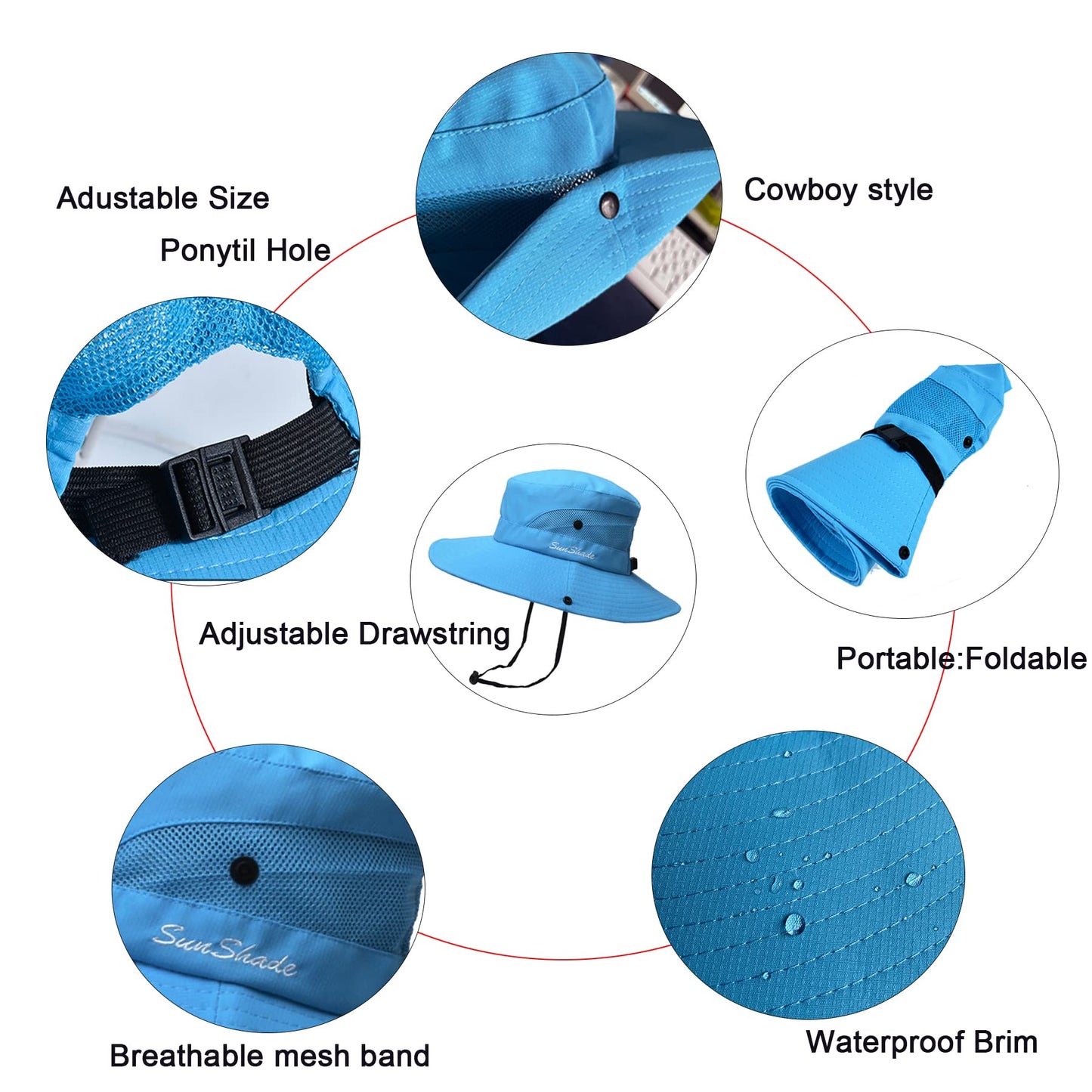 PFFY Ponytail Sun Bucket Hat for Women Wide Brim UPF 50+ Bucket Fishing & Beach Hats Red/Blue