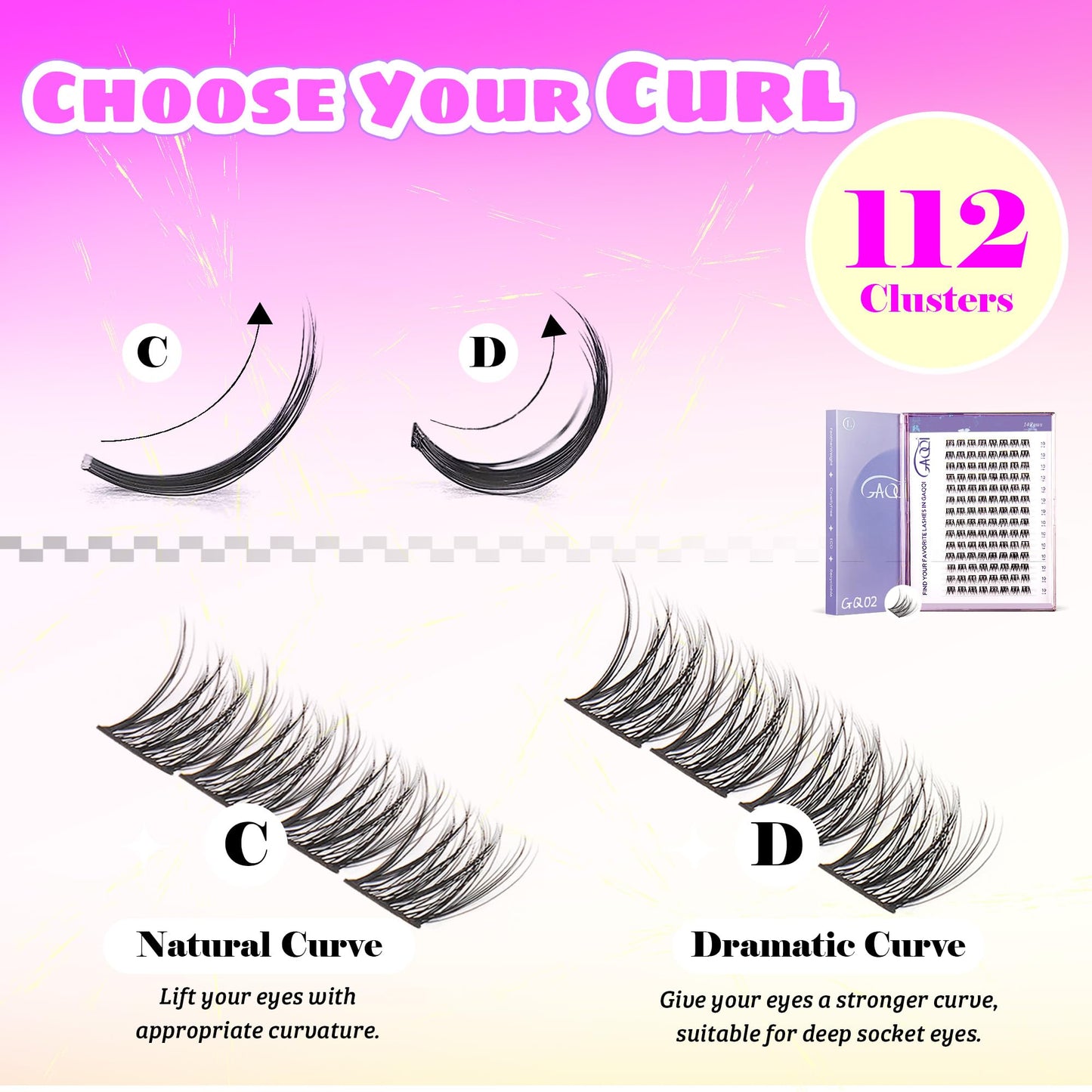 GAQQI Lash Clusters, GQ02 Individual Lashes C Curl 112PCS, Wide Band 12MM Only Eyelash Clusters, Natural and Wispy Cluster Lash Extensions (GQ02,12mm, C Curl)