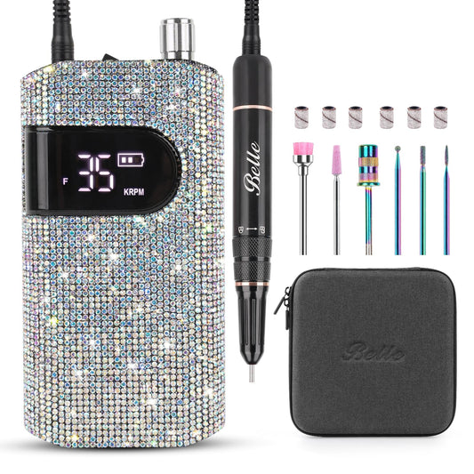 Professional Rechargeable Nail Drill Machine, Belle 35000RPM Electric Nail File Cordless Portable Nail Drill with Coreless Motor for Acrylic Nails, Manicure Pedicure Tool, Crystal Diamond