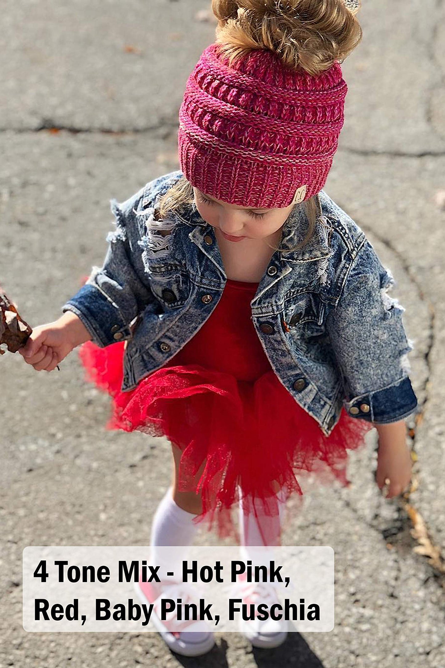 Funky Junque Kids Messy Bun Ponytail Winter Knit Hat Girls Beanie Tail - Black