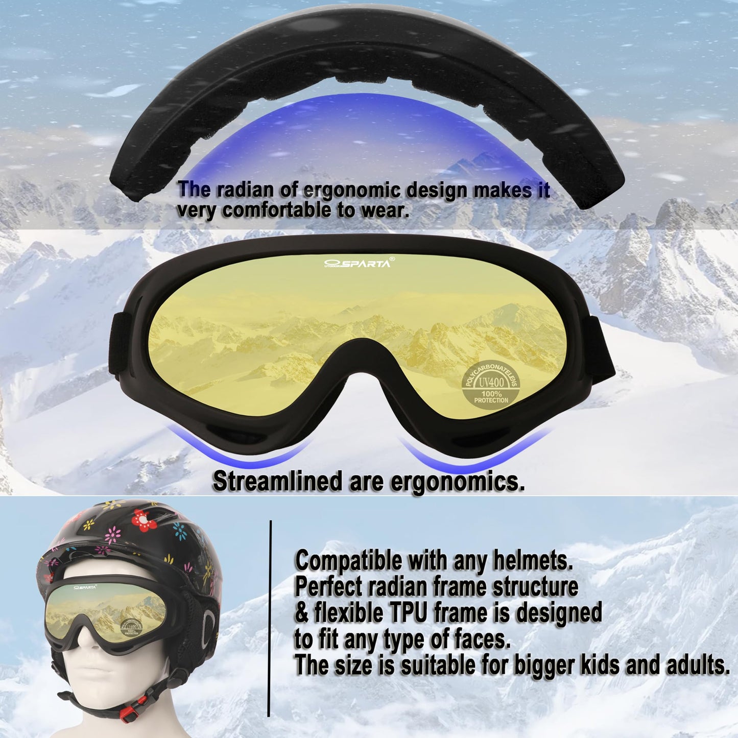 OUTDOOR SPARTA Ski Goggles (3. Gray Frame, Clear Lens; Black Frame, Yellow Lens)