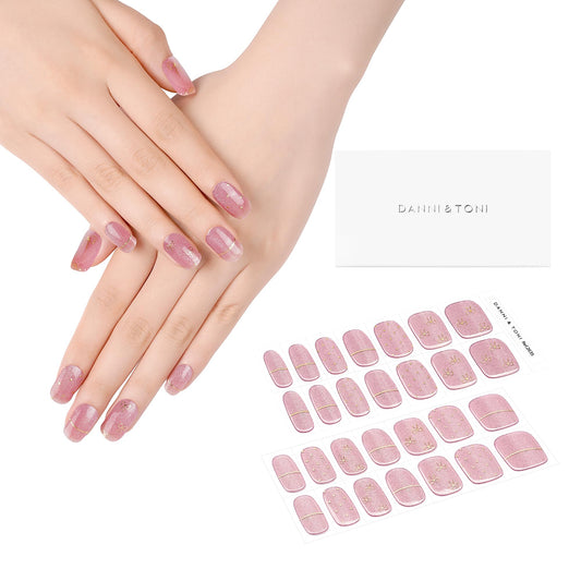 DANNI & TONI Semi Cured Gel Nail Strips Champagne Red (Royal Charm) Magnetic Cat Eye Rose Pink Gel Nail Stickers Bowknot Gel Nail Wraps 28 Stickers