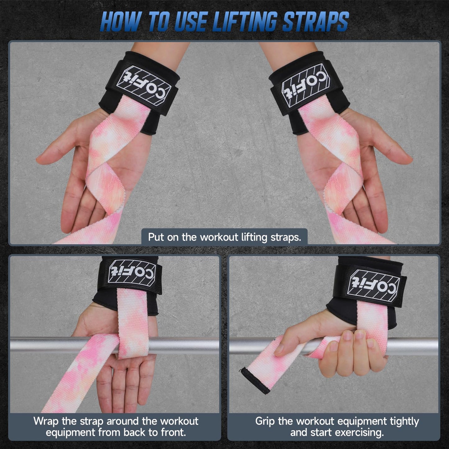 COFIT Workout Lifting Straps, Heavy Duty Weightlifting Wrist Straps with Extensive Cotton Padding Area, Enhanced Grip for Deadlifts, Powerlifting, Pull-Ups, Strength Training - Colorful Pink