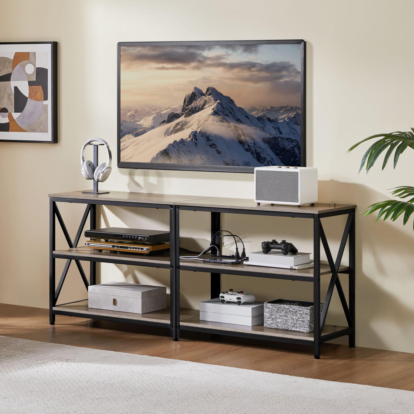Yaheetech TV Stand with Power Outlet, Industrial Entertainment Center with LED Lights for 65 Inch TV, 3 Tiers Tv Console with Charging Station for Living Room, Media Console with Shelves, Gray