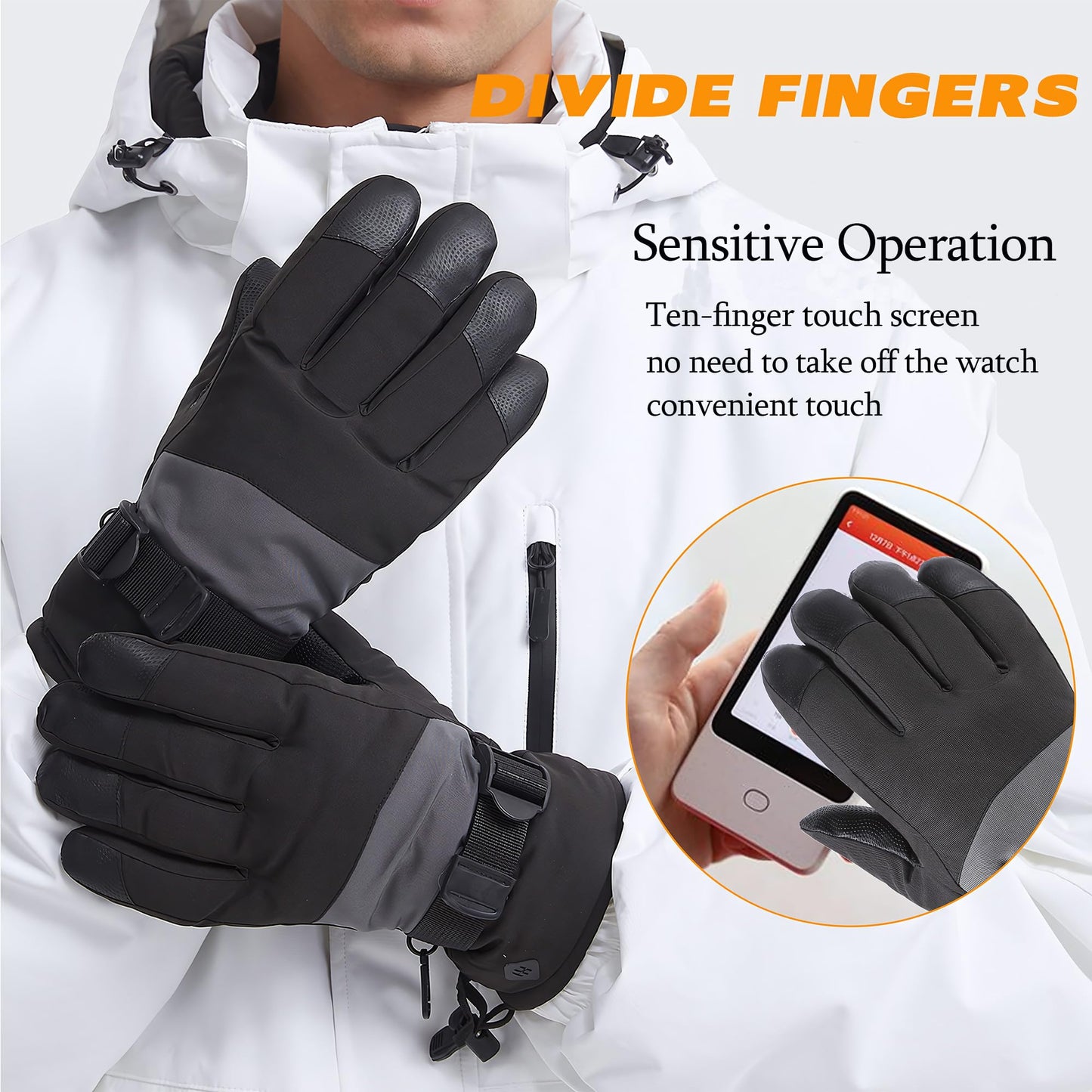 Ohhvvow Winter Ski Snow Gloves Men Women, 10-Finger Waterproof Windproof Touchscreen Snowboard Gloves Insulated Warm Winter Snowmobile Gloves for Extreme Cold Weather