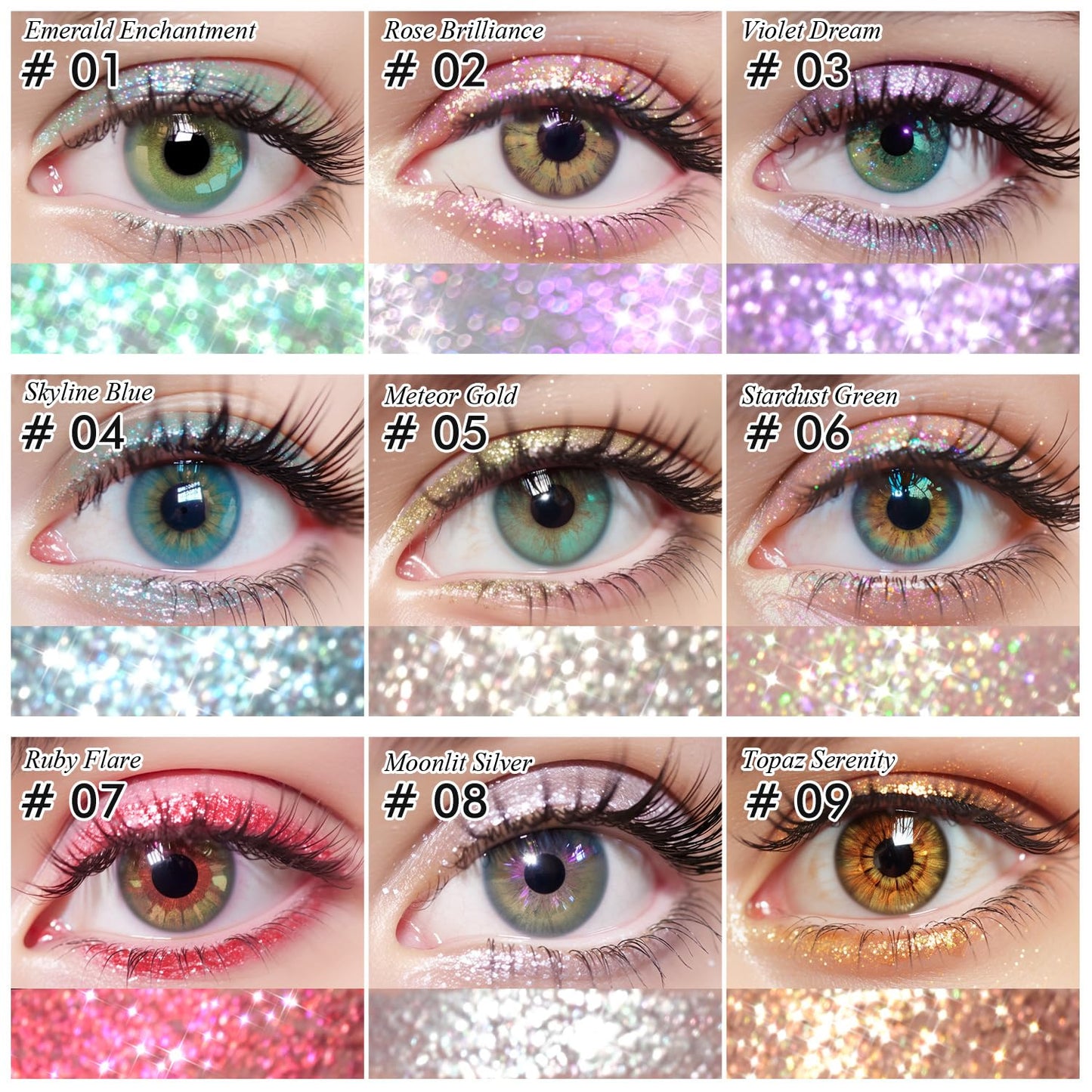 CHARMACY 3Pcs Liquid Glitter Eyeliner Set, Metallic Shimmer Glitter Eyeshadow, Lightweight Waterproof Texture, Long Wearing, Quick Drying, Colorful Sequins (Indigo Gold White Green)
