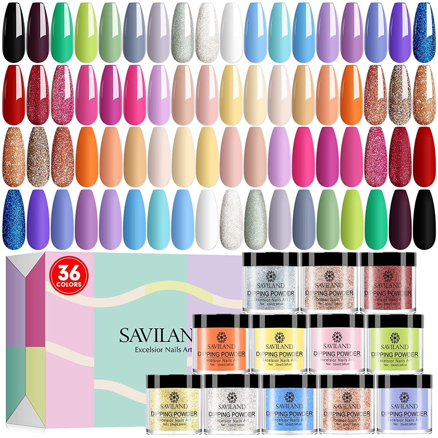 SAVILAND 36 Colors Dip Powder Set - Dip Nail Powder Quick-Drying Glitter Nude Red Purple Nail Dipping Powder Set, Only Include Dip Powder, Nail Starter Set No Need Nail Lamp, for DIY Nail Salon
