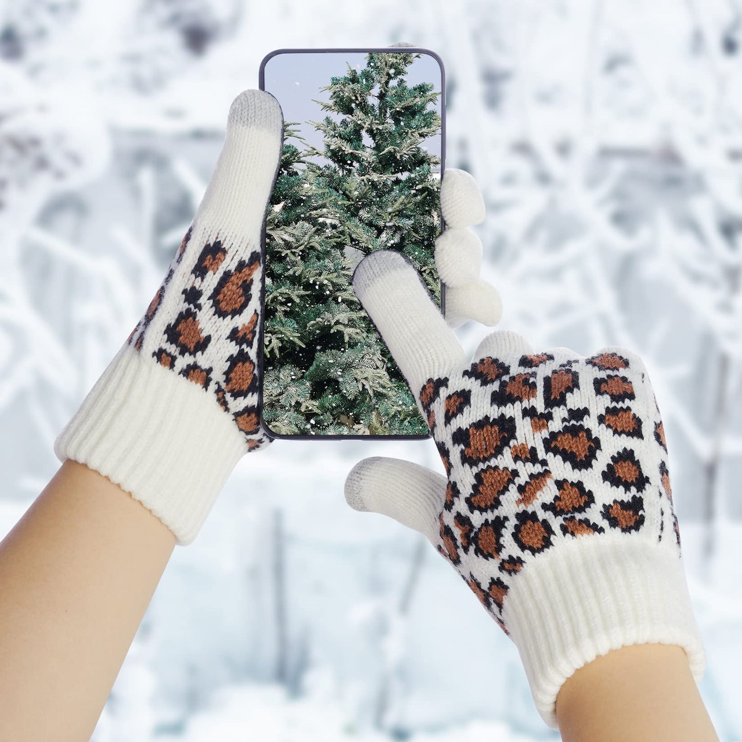 3 Pcs Leopard Print Winter Hat Gloves Scraf with Knit Plush Lined Set for Women and Teenagers