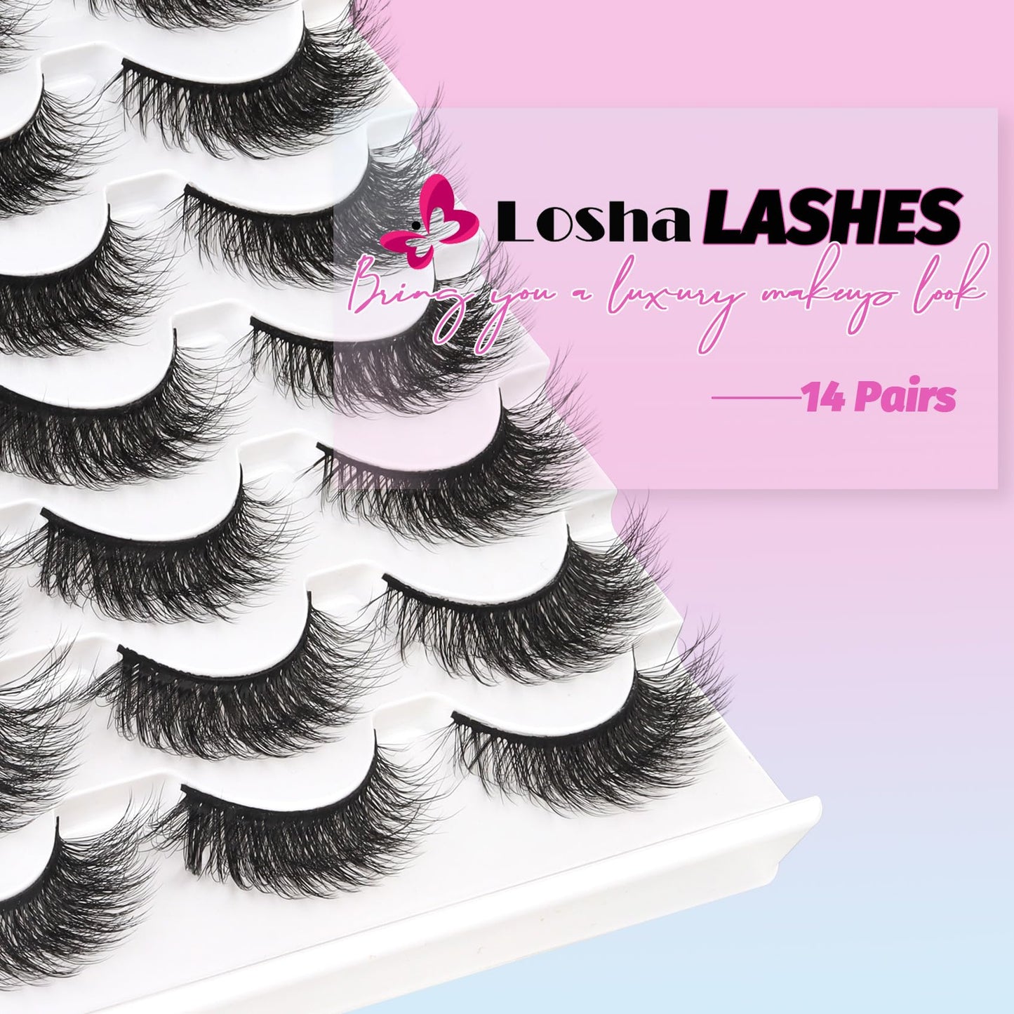 Losha Lashes Fluffy Cat Eye Lashes 14 Pairs 3D False Eyelashes Soft Crossed Eye Lashes Pack Comfortable Fake Eyelashes(614)