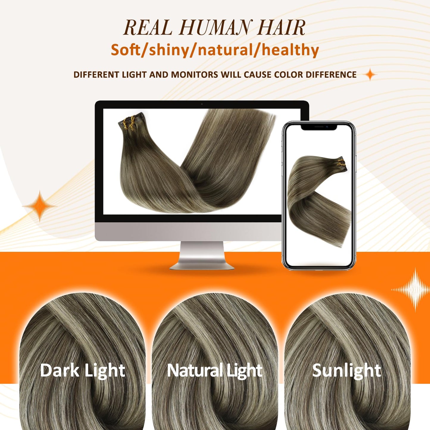 Full Shine Short Hair Extensions Clip ins Brown Ombre Clip in Human Hair Extensions With PU Weft Ash Brown Balayage Cool Blonde Remy Hair Extensions for Women Brazilian Hair 12 Inch 8 Pcs 95 G