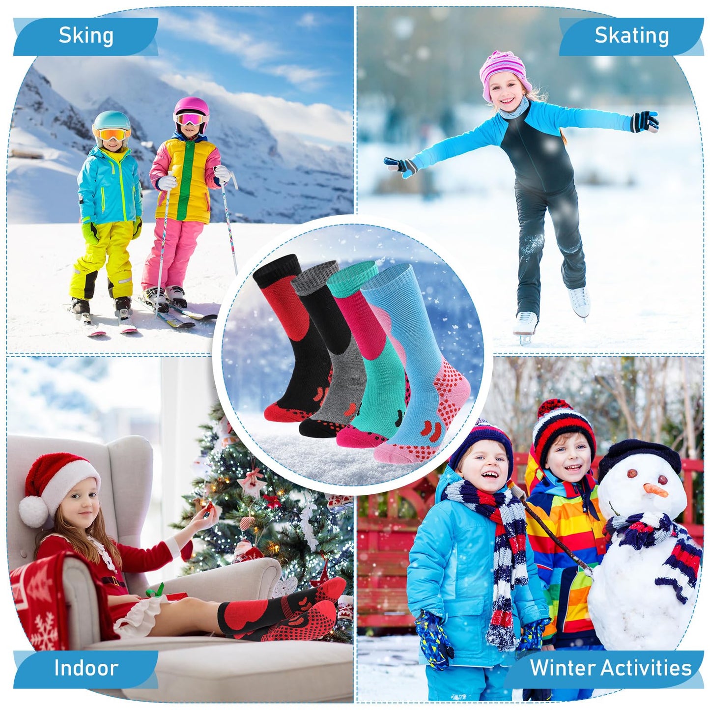 Geyoga Kids Ski Socks 4 Pairs Winter Warm Long Knee Snow Skiing Snowboard Skating Socks for Boy Girl Christmas Activities (Vintage Pattern)