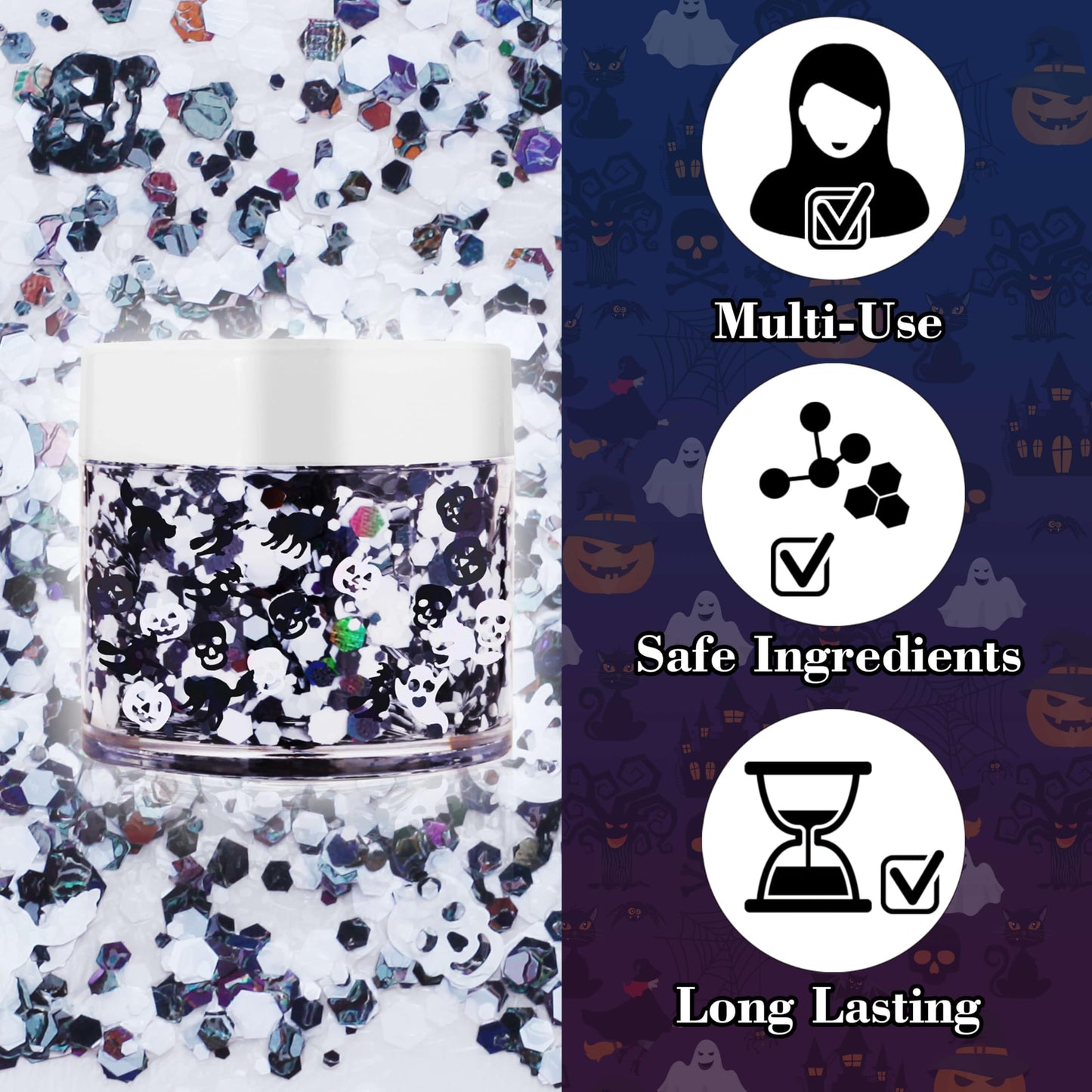 Paminify Halloween Body Glitter Gel,Black White Skull Pumpkin Professional Vibrant Music Festival Party Rave Accessories,Sparking Chunky Face Glitter Paint Makeup for Women and Kids