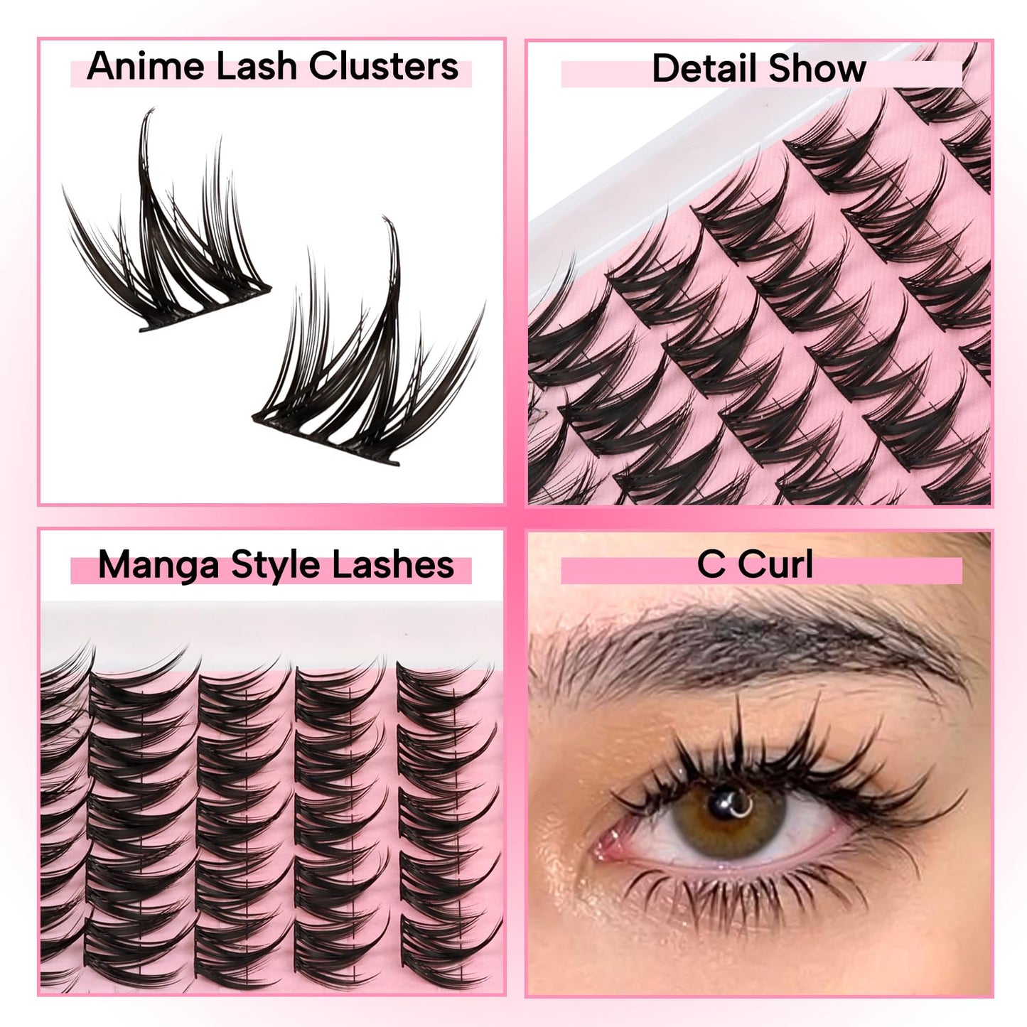 Fyonas Manga Lash Clusters Kit Natural Eyelash Clusters Spiky Lash Extension Kit 80Pcs Anime Cluster Eyelash Extensions with White Lash Glue Waterproof and Tweezers DIY at Home (Cutey Kit-B)