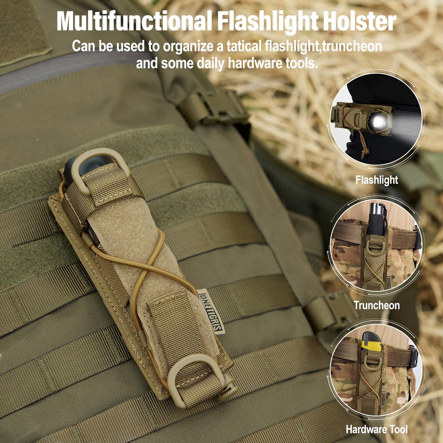 OneTigris Flashlight Holster Molle Flashlight Holder for Belt Tactical Pouch for Torch Linear Hand Tool with Open-top MOLLE Strap for Vertical & Horizontal Carrying
