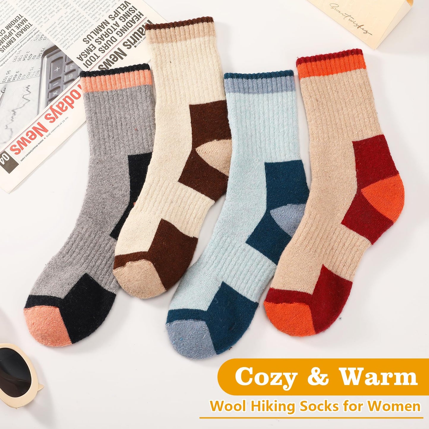 4 Pairs Wool Socks for Men Women - Warm Winter Cozy Merino Wool Socks, Thick Knit Thermal Hiking Socks Boot Socks Crew Socks for Men Women