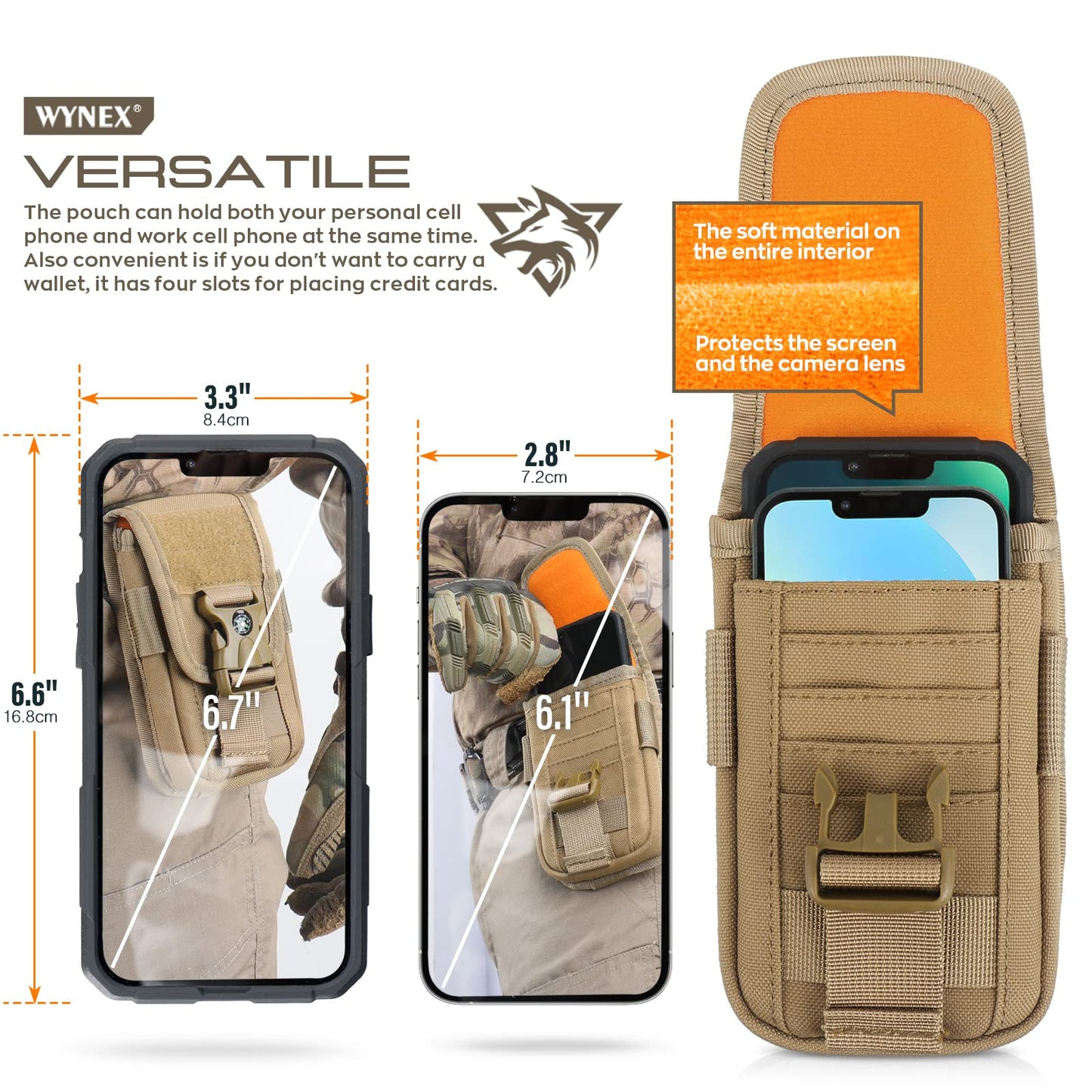 WYNEX Tactical Molle Phone Pouch with Compass Buckle, Tactical Phone Holster Molle Cell Phone Pouch Universal Belt Waist Bag for IP 15/14/13 Pro Max / S22/S21 with US Patch & Paracord Keyring Clip