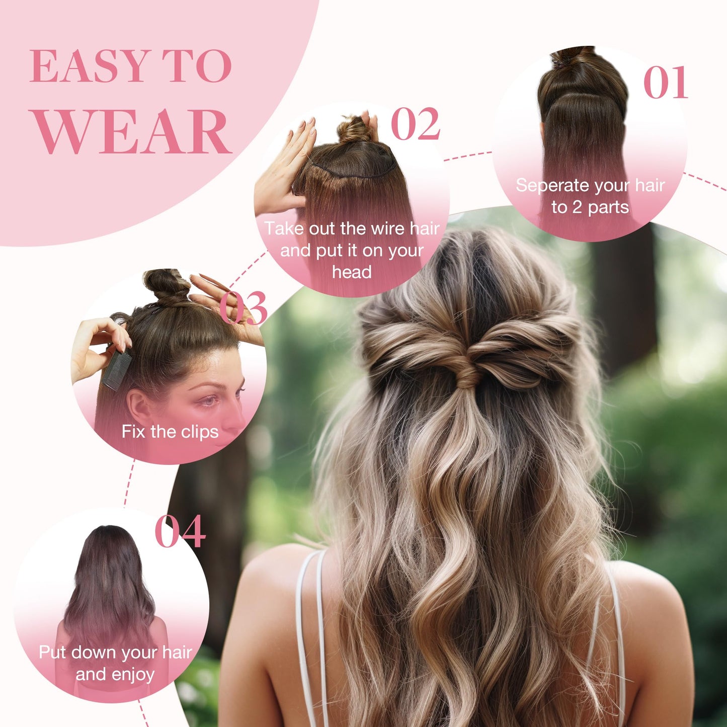 GOO GOO Wire Hair Extensions Human Hair, 350 Copper Natural 14inch 75g, Invisible Wire Hair Extensions with Transparent, Seamless Fish Line Hairpiece