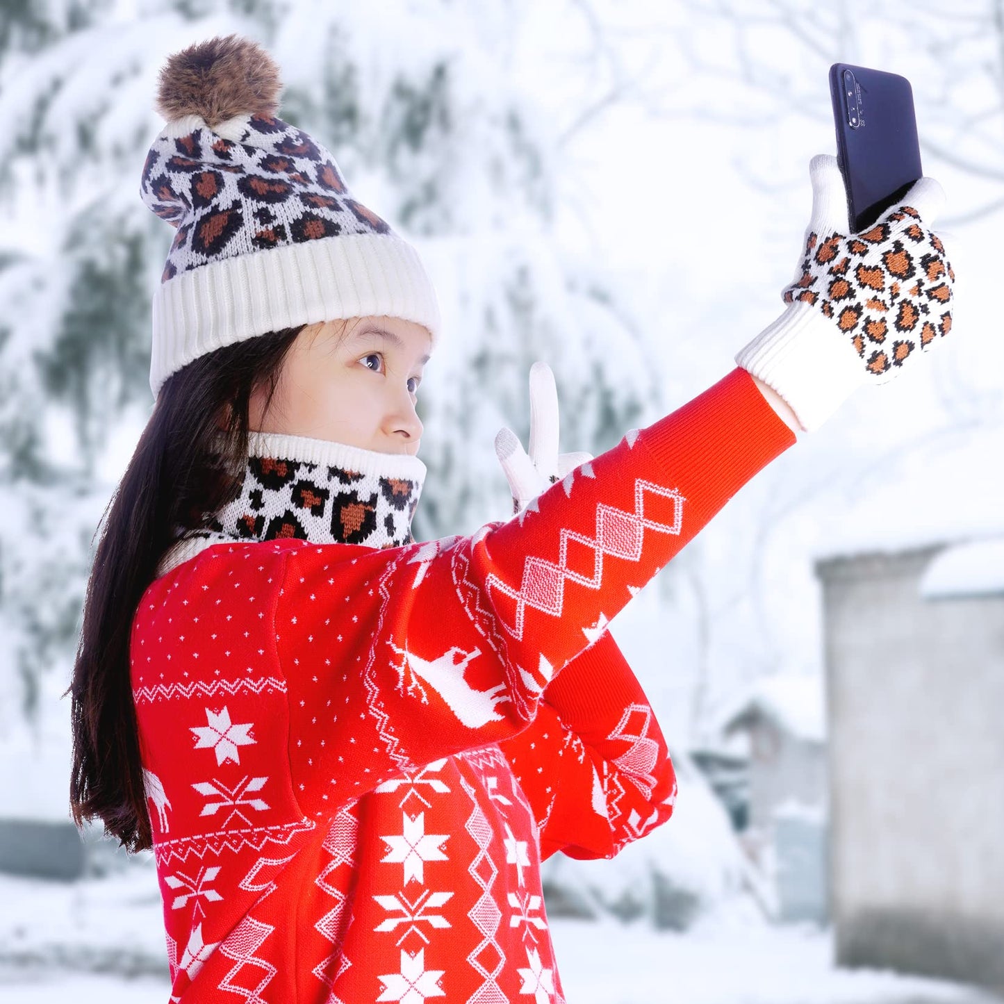 3 Pcs Leopard Print Winter Hat Gloves Scraf with Knit Plush Lined Set for Women and Teenagers