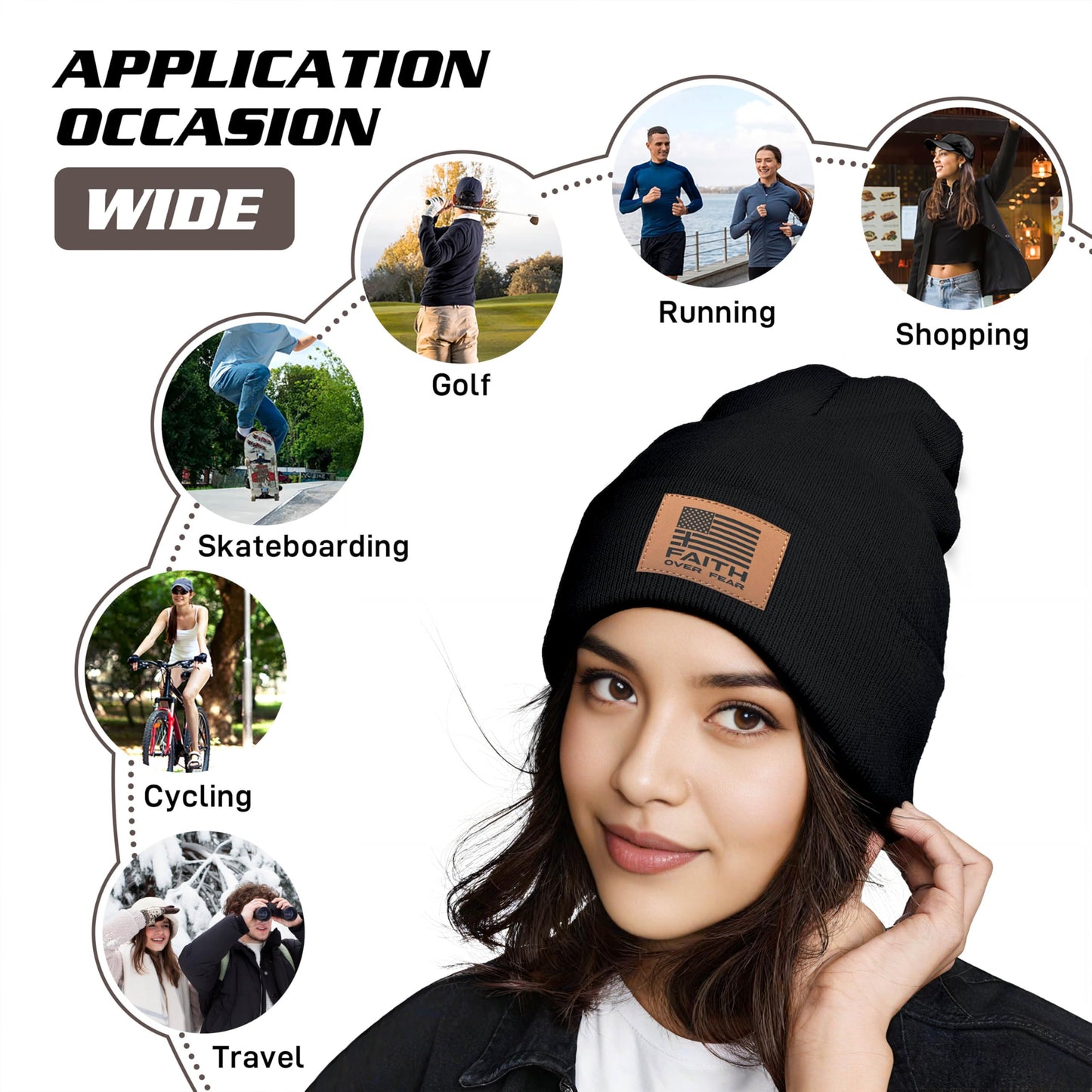 Faith Over Fear Beanie with Leather Beanie Hat for Men Women Gifts for Dad Knit Hat Warm Knitted Winter Cap