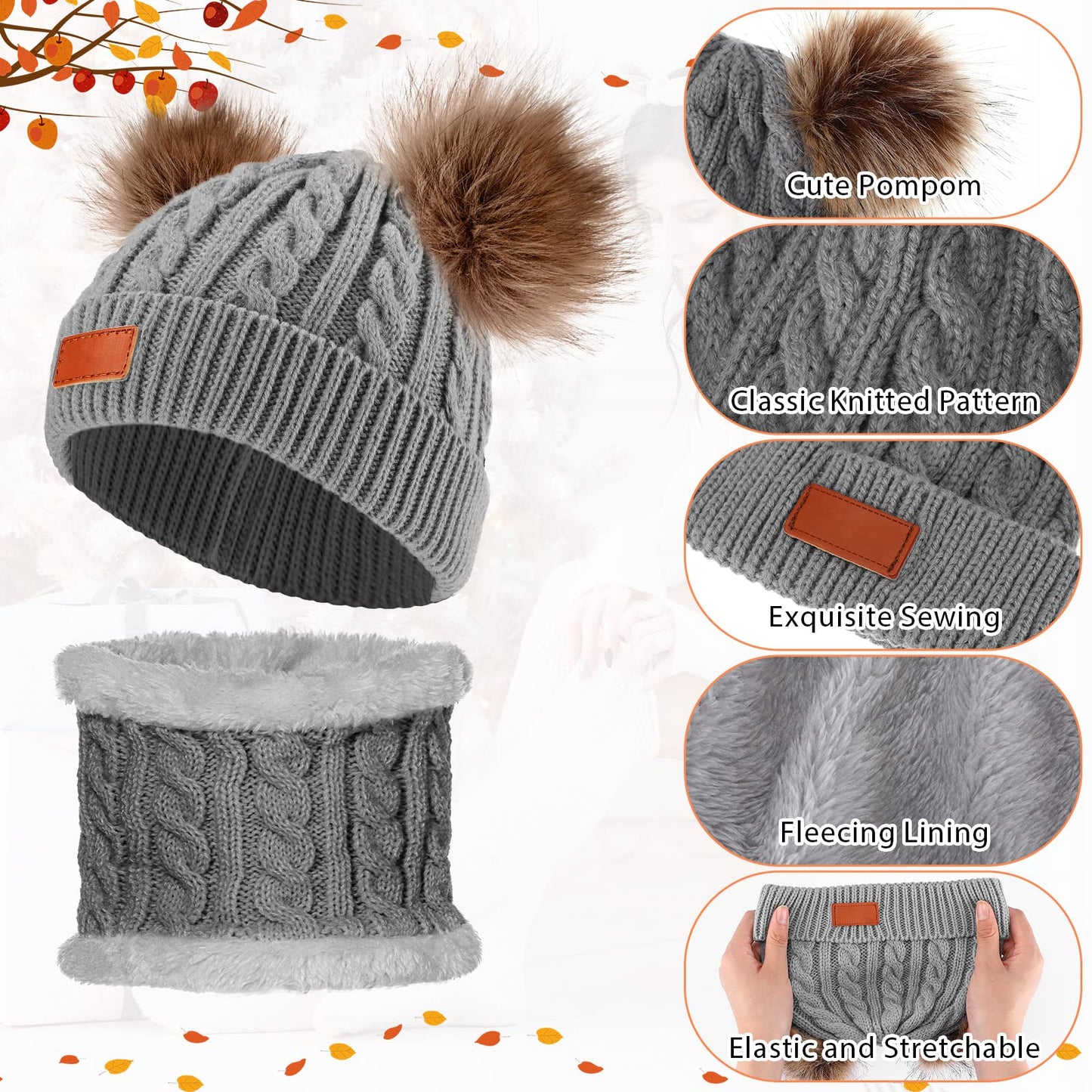 6 Pcs Toddler Kids Winter Hat Gloves Scarf Set Knit Beanie Hat with Pom Pom Mittens Neck Warmer for Baby Boys Girls 1-6 Year(Gray, White)