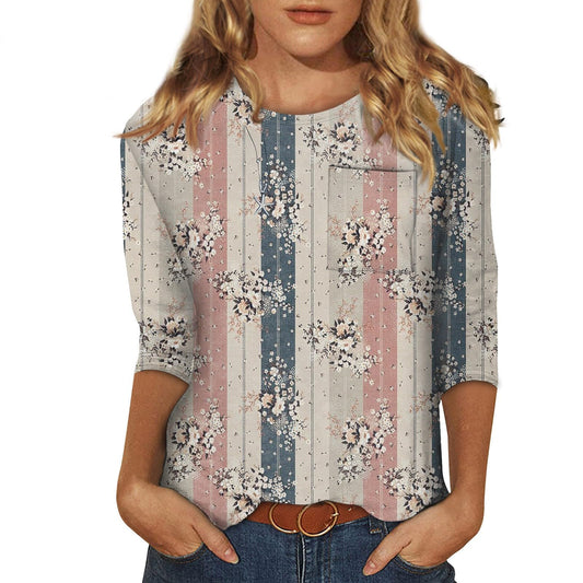 Womens 3/4 Sleeve Tops Spring Pocket Layering Crewneck Shirts Dressy Casual Cute Classic Blouses Loose Tunics or Tops to Wear with Leggings Trending Womens Clothes 3/4 Sleeve T Shirts for Women 2024