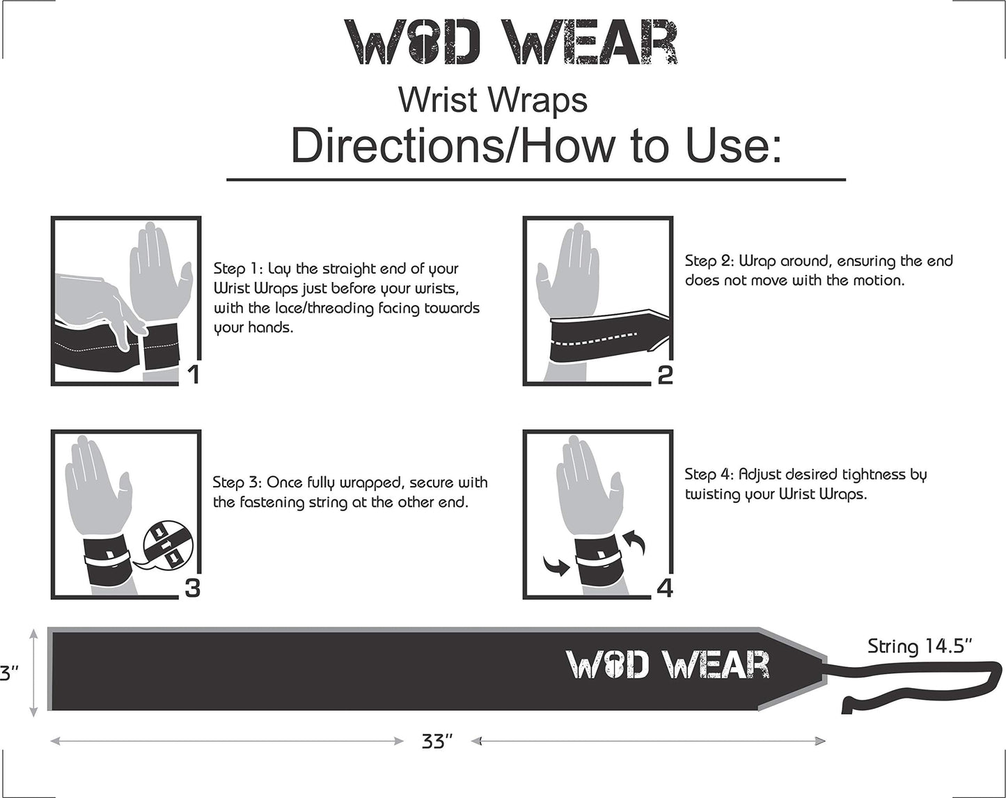 WOD Wear Wrist Wraps for Powerlifting, Strength Training, Bodybuilding, Cross Training, Olympic Weightlifting, Yoga Support - One Size Fits All (Black/Blue Stitch)