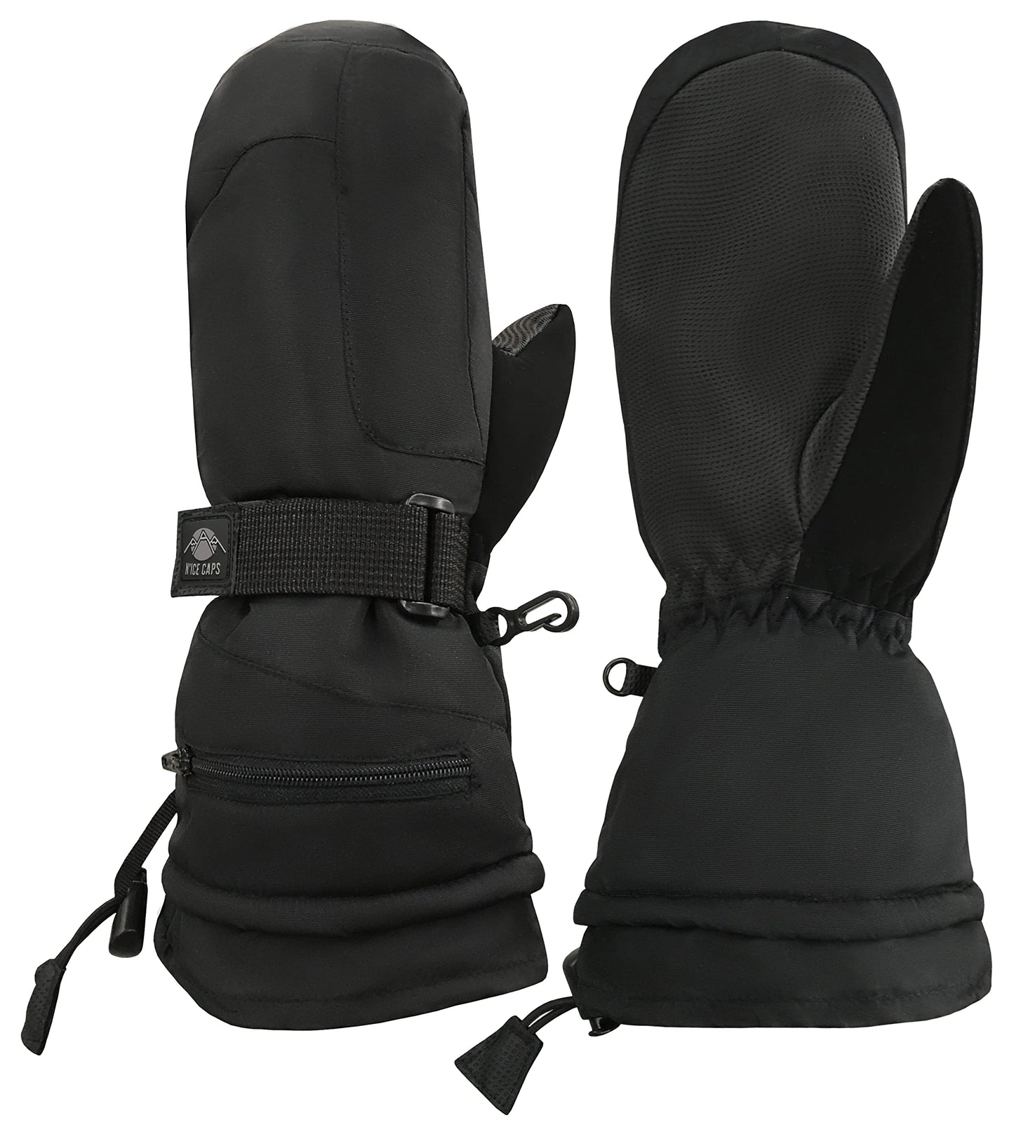 N'Ice Caps Men's Women's Waterproof Snow Mittens Gloves 100 Gram Thinsulate (Women's Large/X-Large, Mittens - Black)