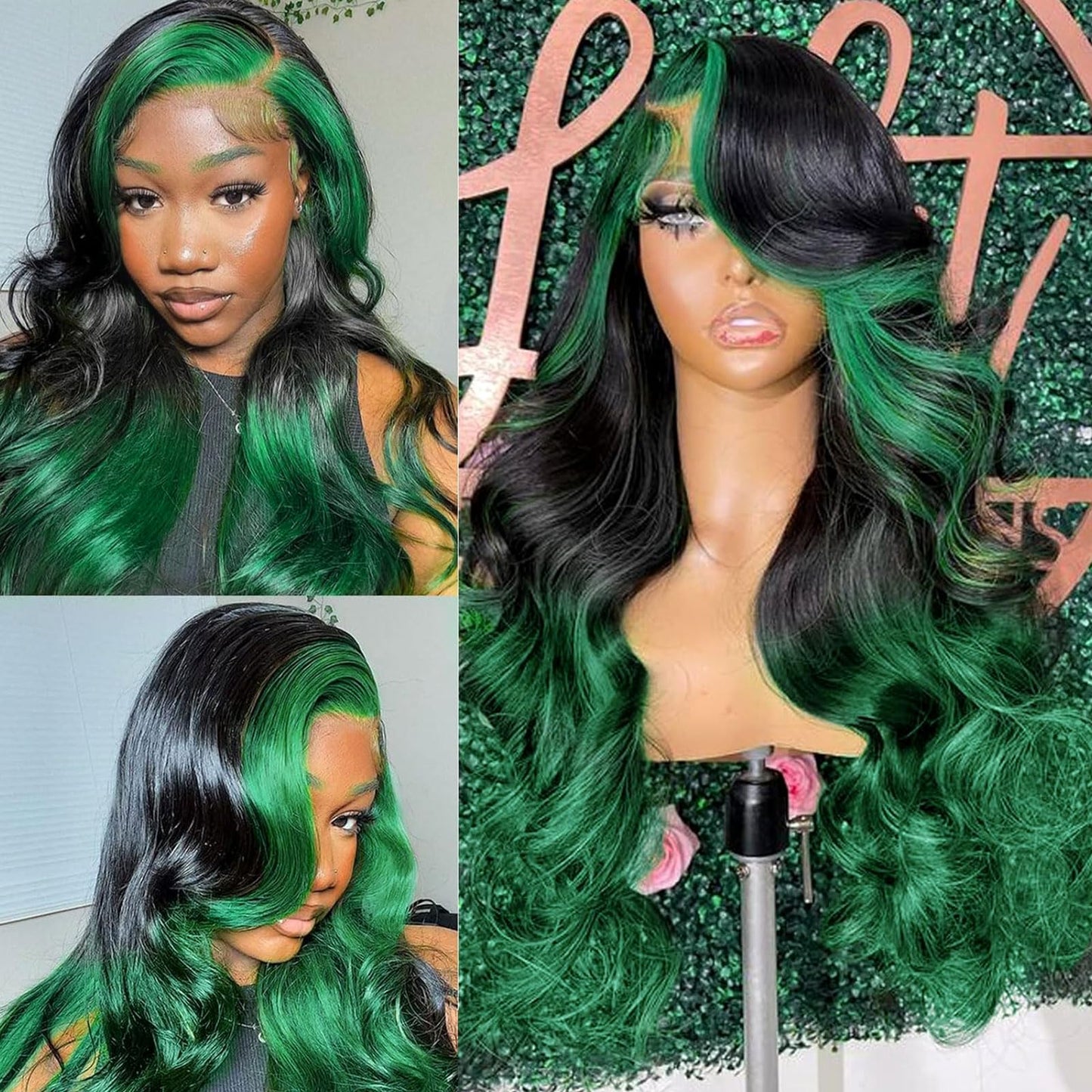 haha Green Ombre Lace Front Wig Human Hair Highlight Green Lace Front Wig Pre Plucked 13x4 Body Wave Lace Frontal Wig Black and Green Skunk Stripe Human Hair Wig Glueless Colored 18 Inch 150% Density