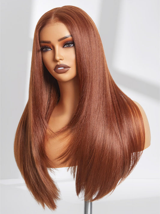 GORGIUS Auburn Brown Layered Wig Pre Cut Glueless Straight Lace Front Wig Middle Part Highlight Synthetic Closure Wig For Women Upgraded with Premium Fiber