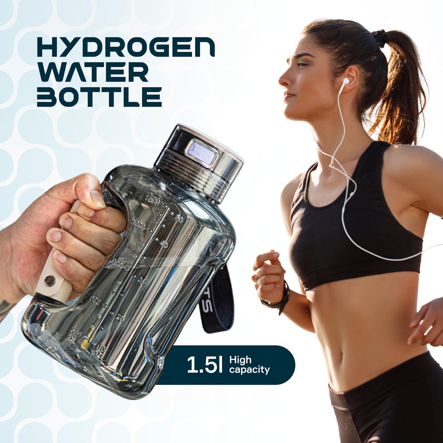 BRÜUN Big Hydrogen Water Bottle Generator 50 Oz. / 1.5L High-Capacity | A Grey Colored Portable Health Boosting Water Ionizer Generator Machine with SPE PEM Technology
