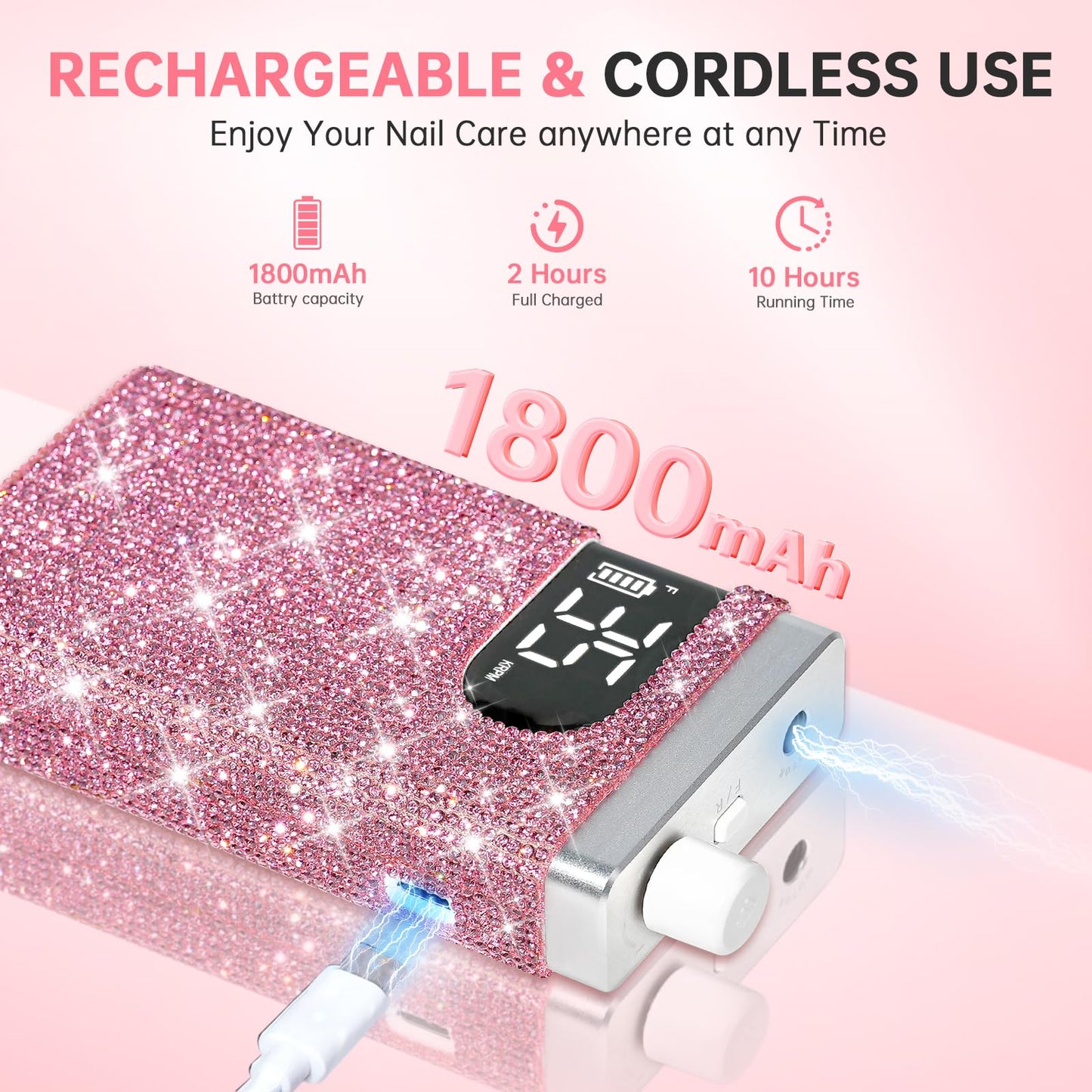 CHRISTINE SHELLY Rechargeable 35000RPM Nail Drill Sparkling Portable Professional Electric Nail File for Acrylic/Gel Nails Professional Nail Tools for Manicure Pedicure, Pink