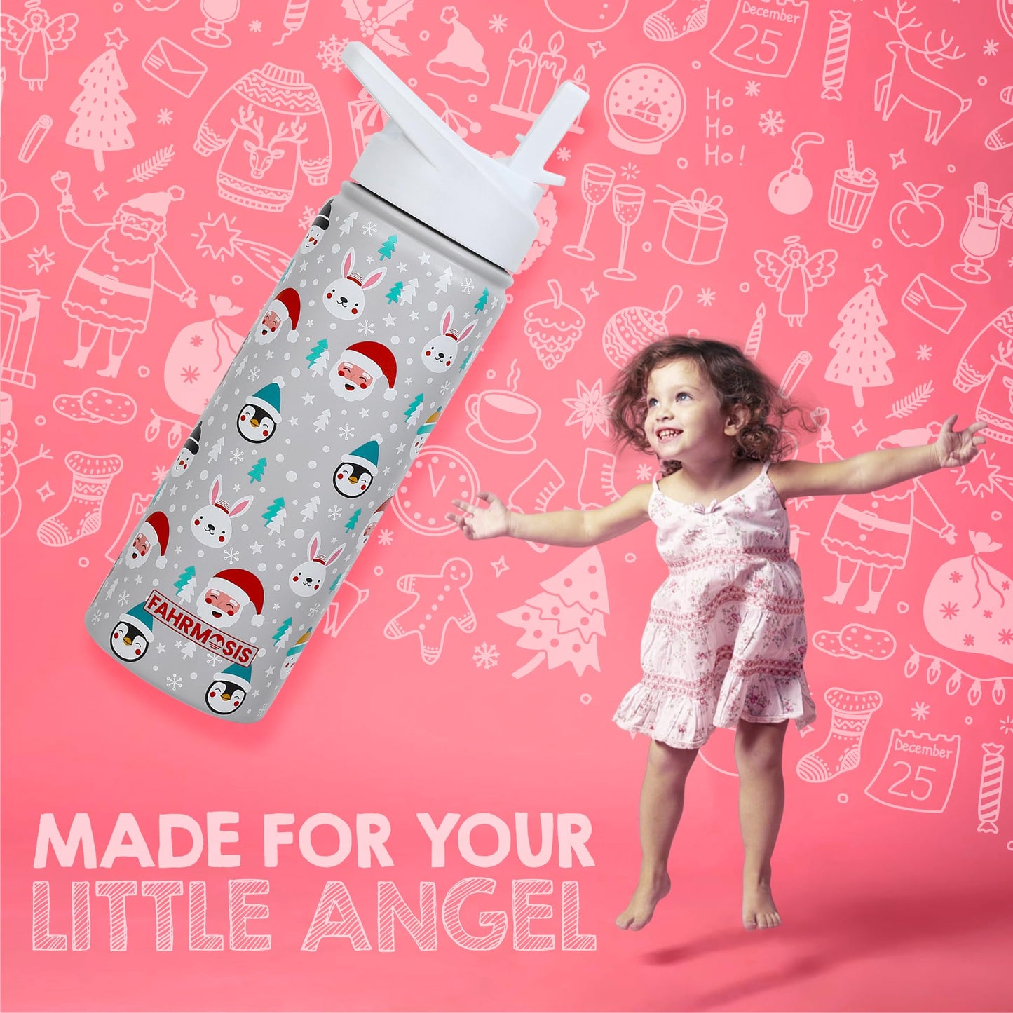 FAHRMOSIS 18 oz Kids Water Bottle | Insulated Water Bottle with Straw & 2 Lids | Reusable Double Insulated Water Bottle - Leakproof Kids Water Bottle for School & Outdoor Activities - White (Winter)