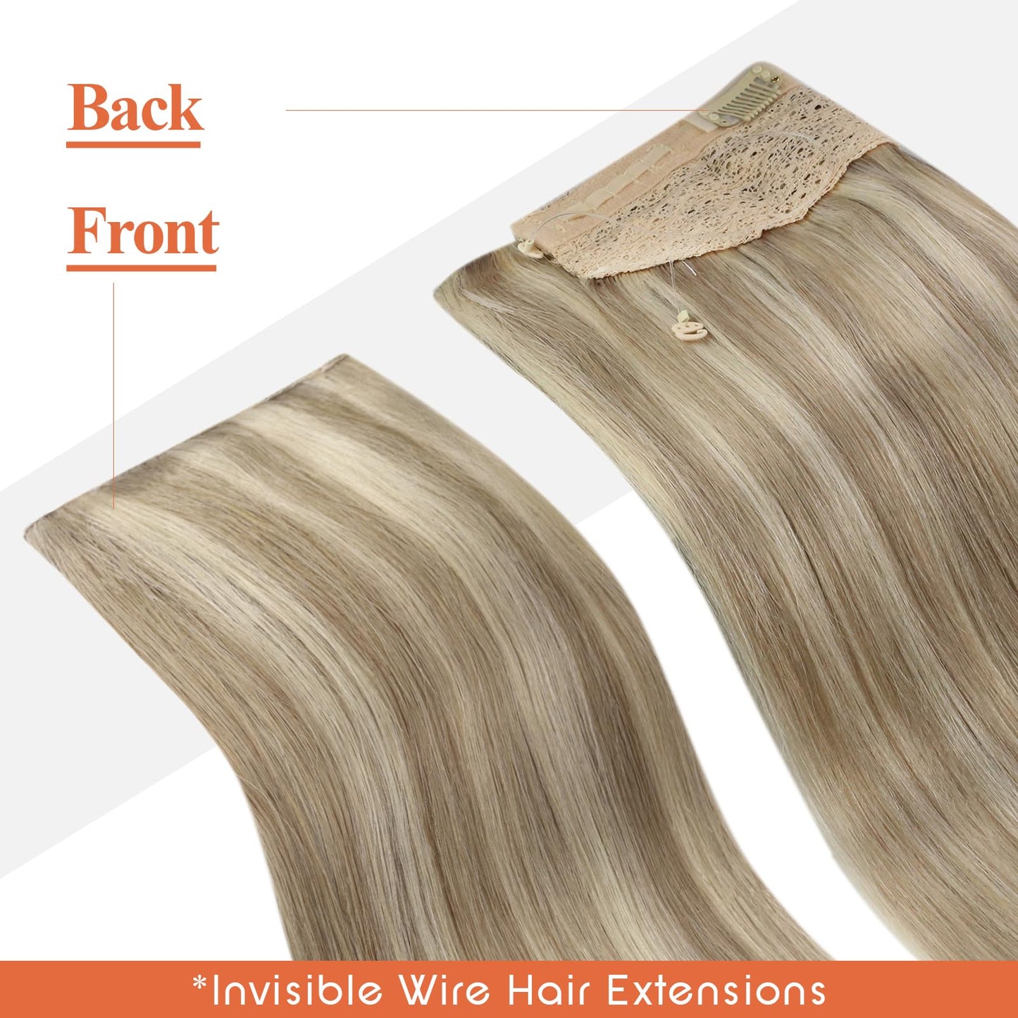 Sunny Wire Hair Extensions Real Human Hair Fish Line Human Hair Extensions Invisible Wire Extensions Golden Blonde with Medium Blonde Highlights #16/22 14 Inch