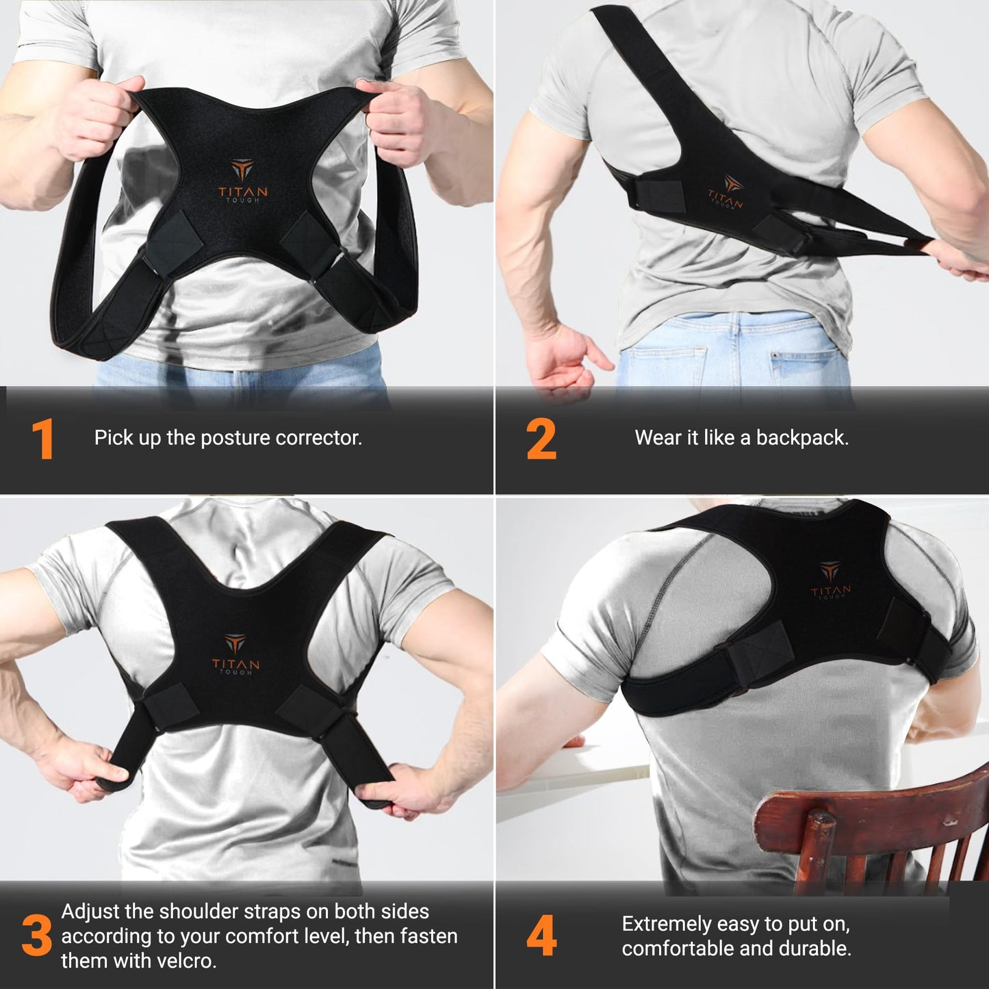 Titan Tough Premium Upper Back Brace for Men & Upper Back Brace for Women, Adjustable Posture Corrector, Upgraded Version, Back Brace for Alignment (L-XXL)