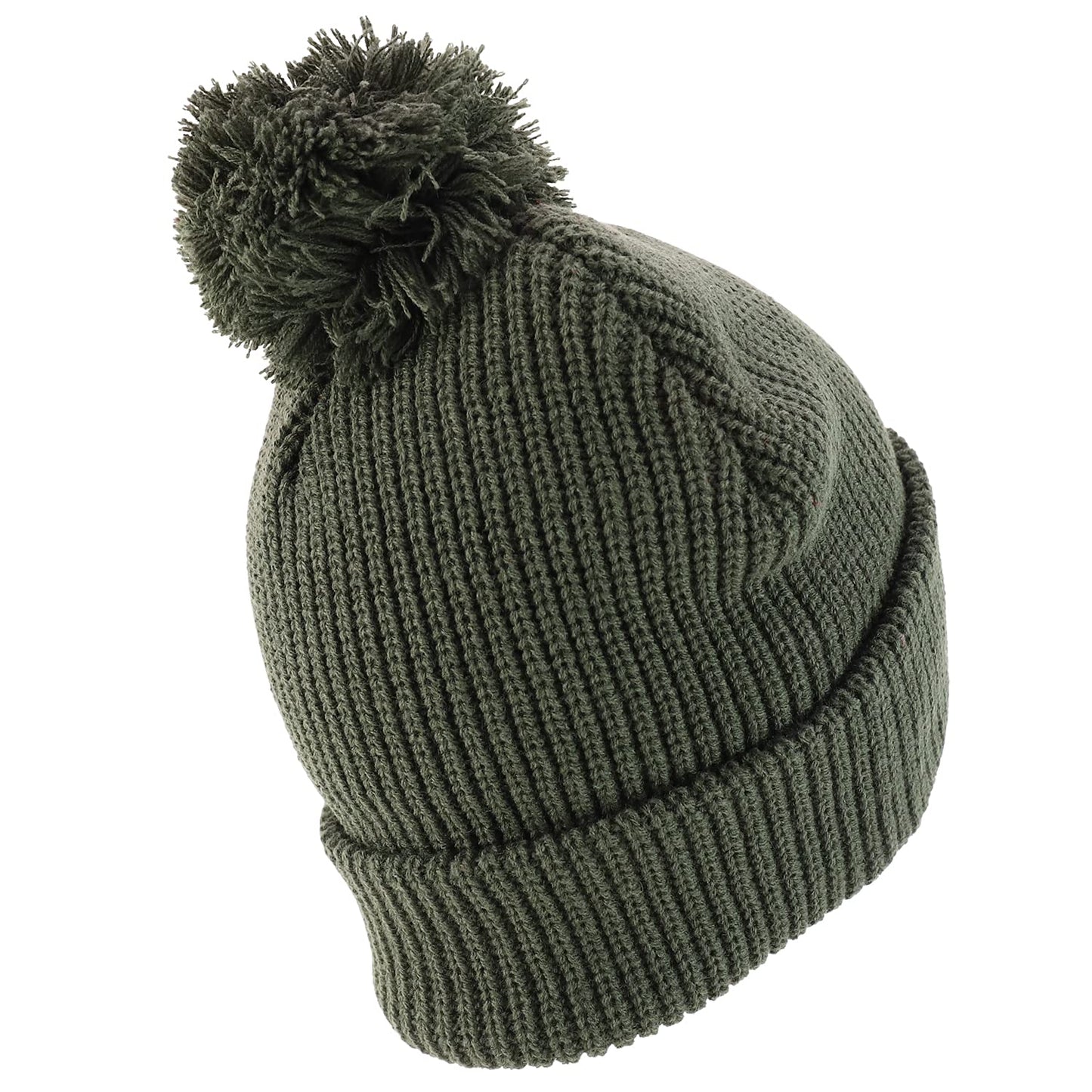 Trendy Apparel Shop XXL Oversized Solid Pom Pom Winter Ribbed Cuffed Beanie - Olive - 2XL