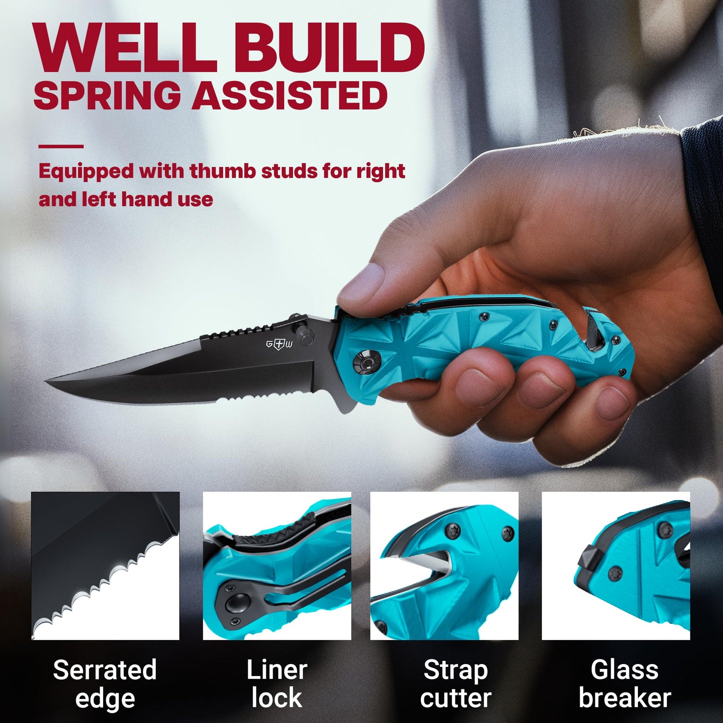Blue Pocket Knife for Men - 440 Steel Serrated Blade - Glass Breaker for Emergency - Folding Knives with Clip for Survival - Hunting & Tactical Knives & Tools - Gifts for Dad Husband Him - HB 207 BL