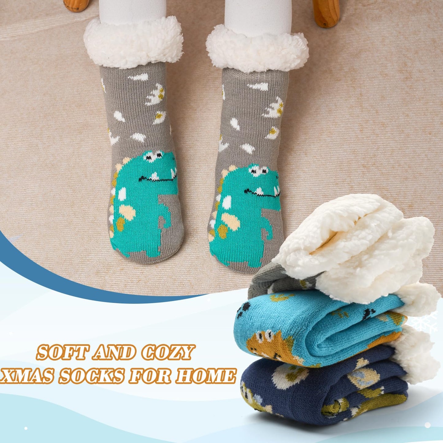 Moon Tree Toddler Boys Fuzzy Socks Winter Warm Socks for Kids Boys Thick Thermal Fleece Lined Fluffy Socks for Home 3 Pack Cartoon Dinos 2-3T