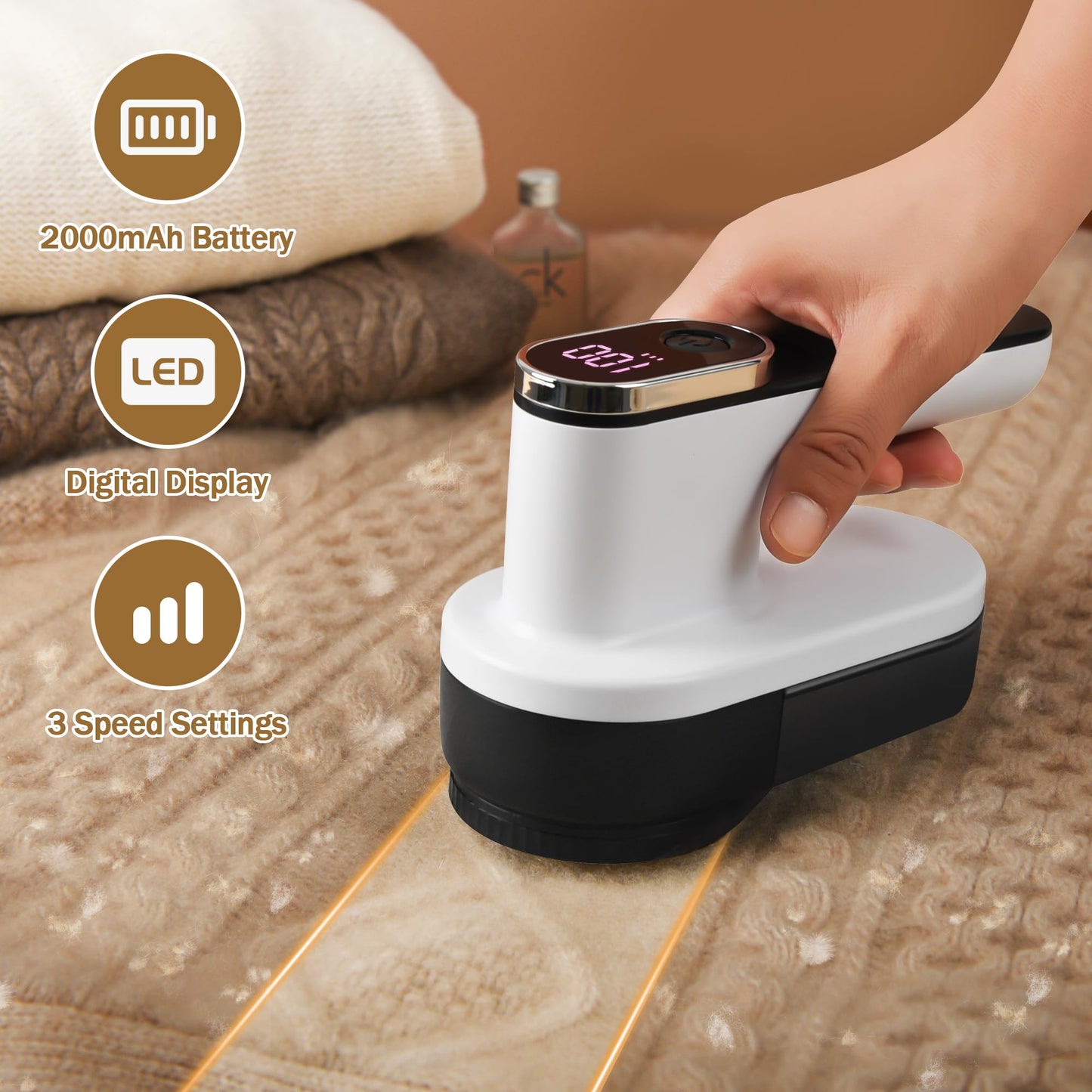 SUPER LINT Electric Fabric Shaver, Sweater Shavers with LED Display & Big Trash Container, Lint Shaver Rechargeable to Remove Fuzz, Lint, Pills for Clothes, Couch, White