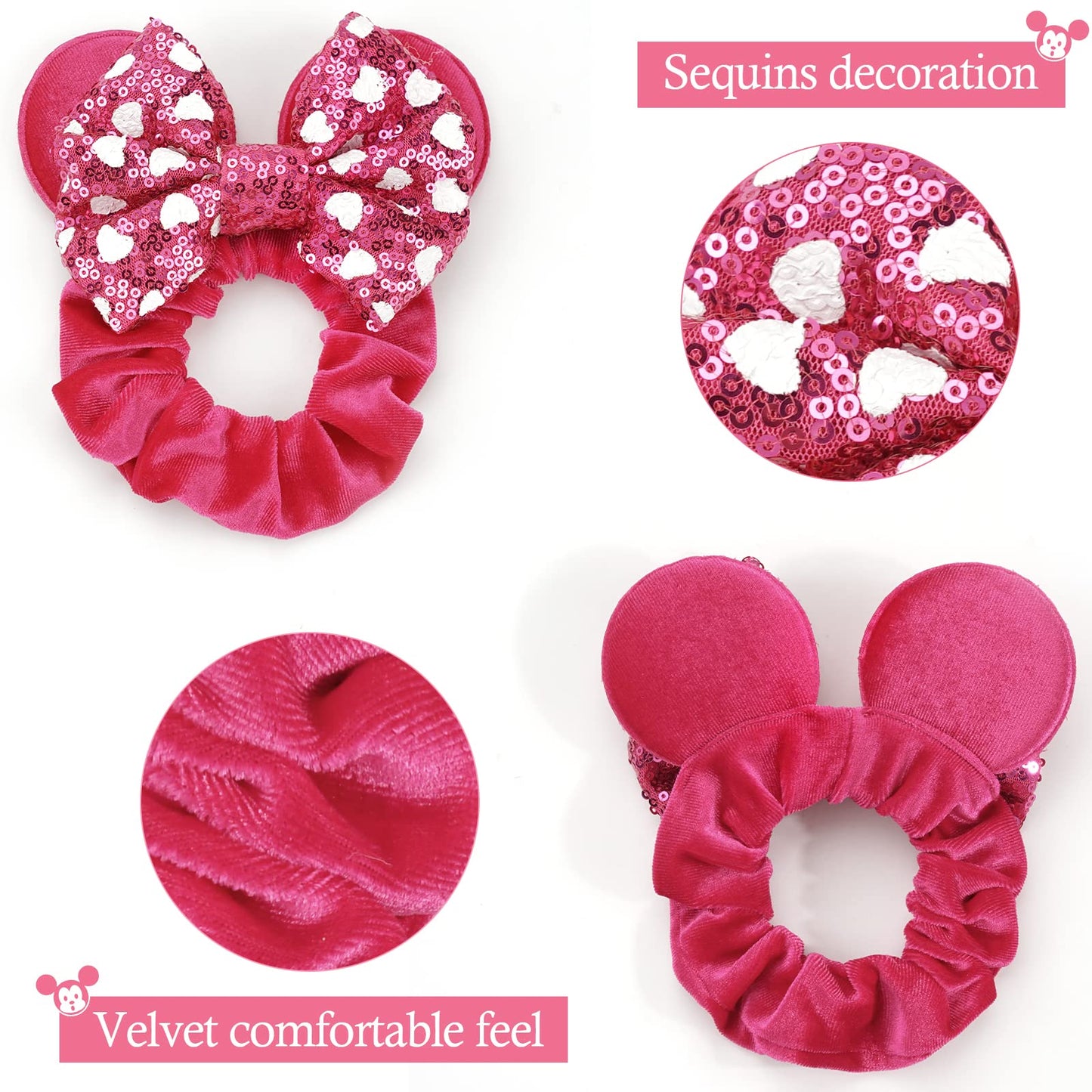 6 Pack Mouse Ears Scrunchies Velvet Sparkle Sequin Bows Hair Scrunchies Hair Ties Elastic Rubber Bands Christmas Ponytail Holders for Kids Women Girls Adult Christmas Party Decoration