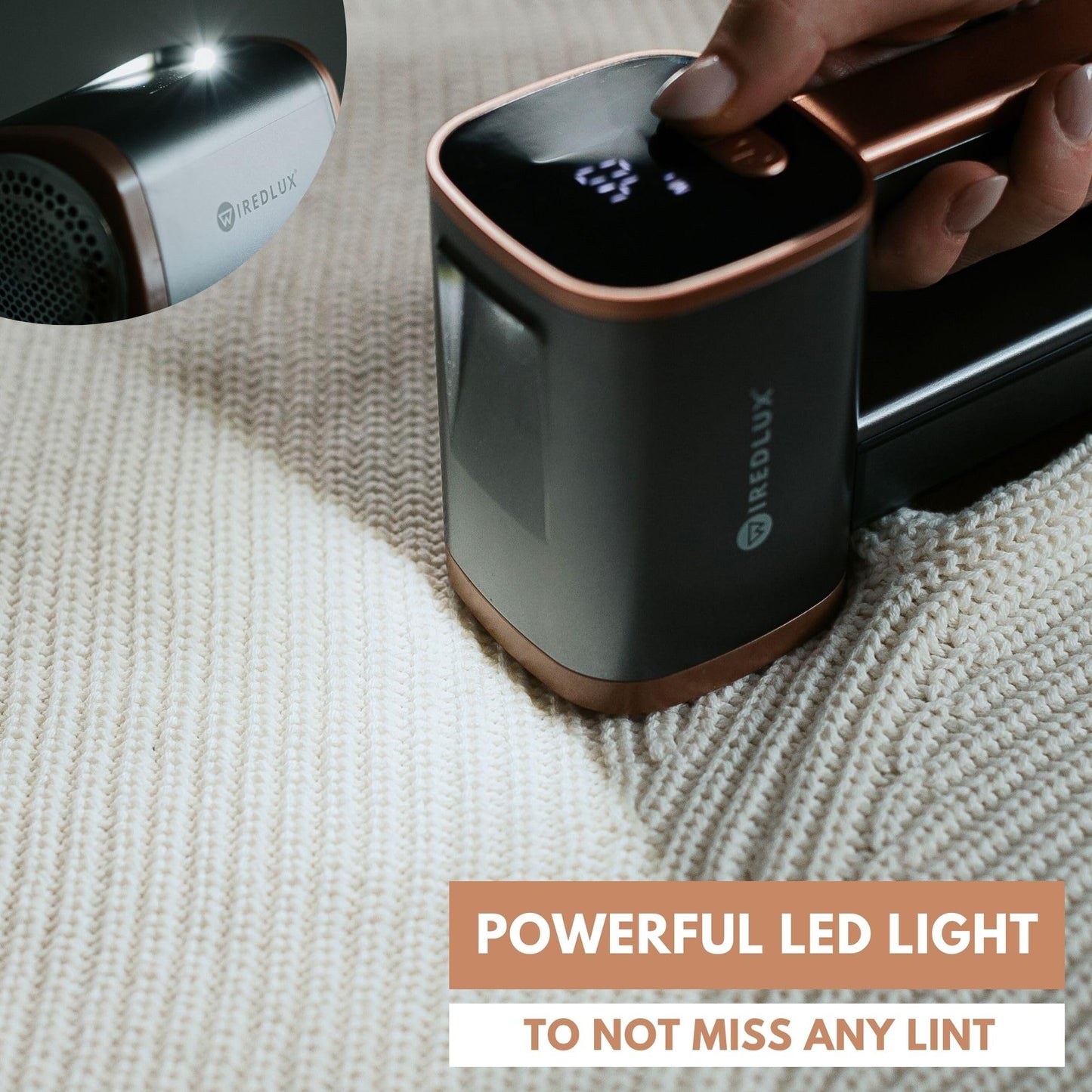WiredLux Electric Lint Remover - Rechargeable Fabric Shaver for Clothes & Couch - Adjustable 3-Speed, 6-Leaf Blade, LED Light, USB Charging - Depiller with Dual Protection (Graphite Grey/Copper)