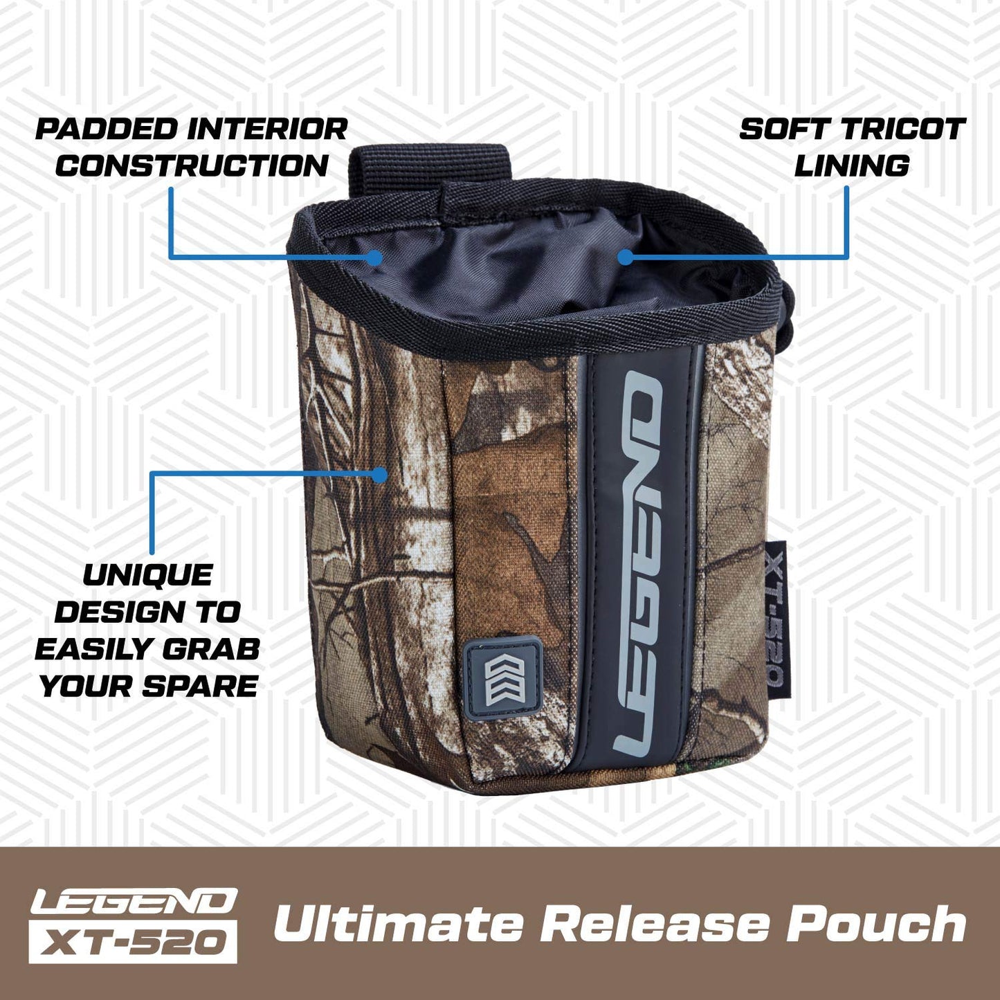 LEGEND - XT520 Quick Release Pouch & Finger Tab Bag (Realtree) | Interior Divider for Better Organization & Storage of Release Aids | Attaches to Standard 2" Belt | Quick Drawstring Closure