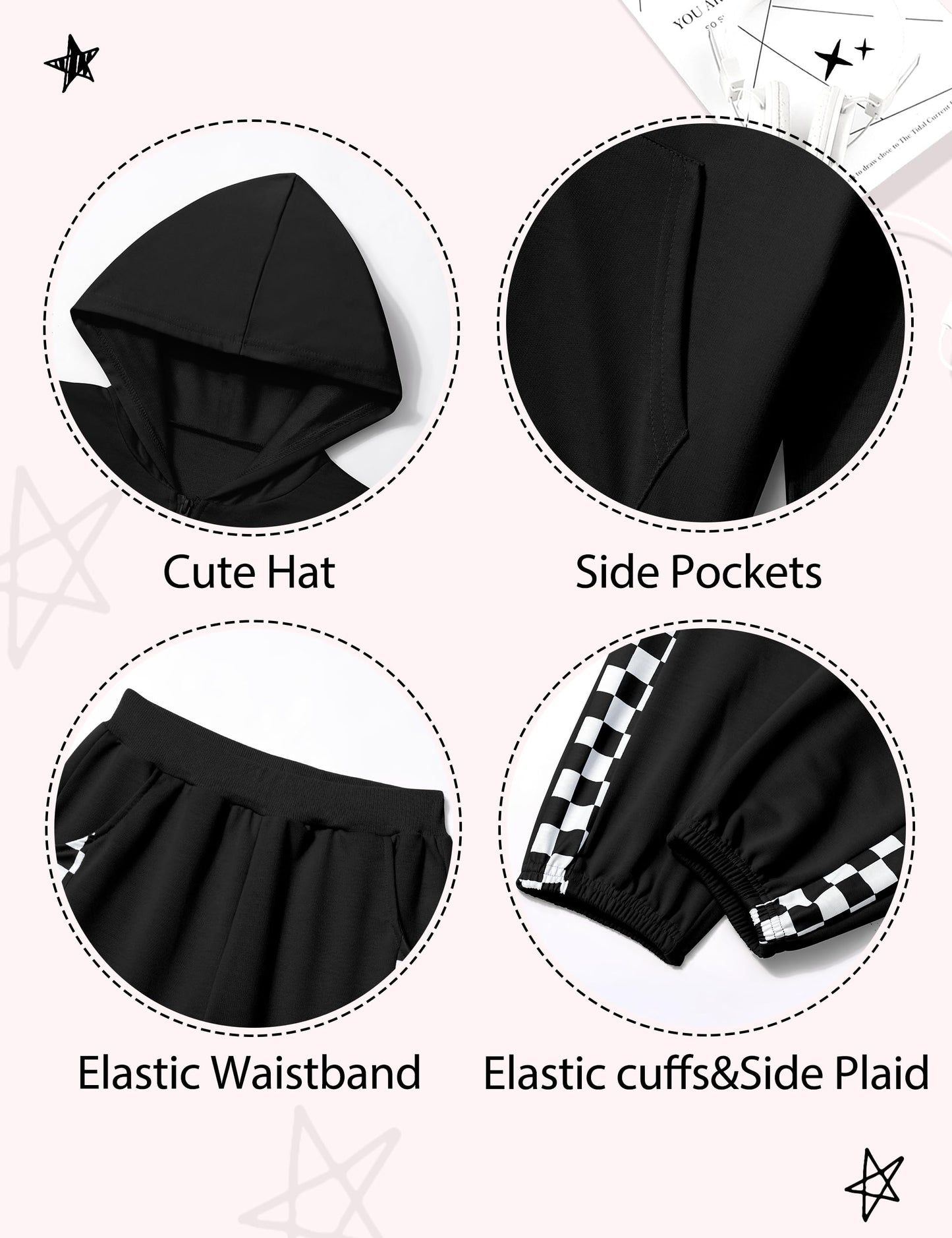 Doumlop Girls Clothes Size 10 Boys Outfits 9 Year Old Kids Clothes Boys Hooded Sweatshirt and Plaid Sweatpants 2 Piece Clothes for Girls Size 8-10 Winter Fall Black