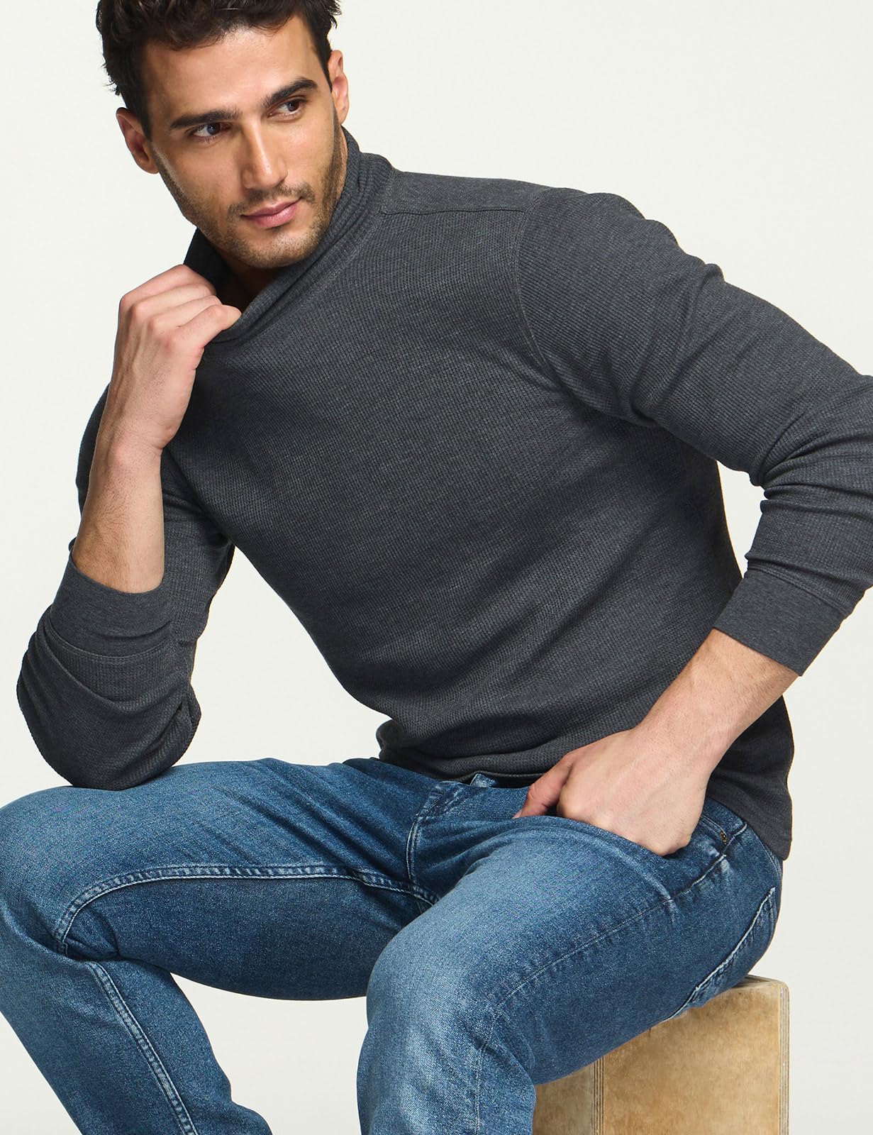 CQR Men's Long Sleeve Thermal Underwear Tops, Midweight Waffle Crewneck Shirt, Winter Cold Weather Thermal Shirts, Mock Neck Top Dark Grey, XX-Large
