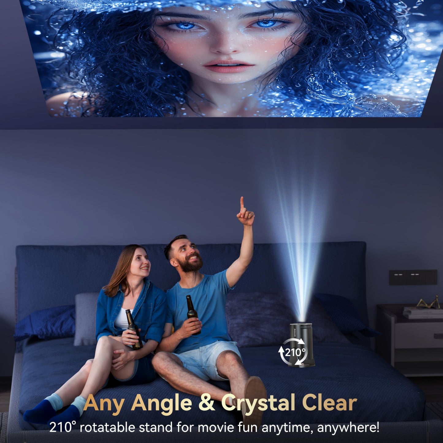 Polocsh Mini Projector Built in Android TV 11.0 Portable Smart Projector with Wifi and Bluetooth 210°Rotatable 1080P Support Short Throw Outdoor Auto Keystone 40''-150'' Screen Home Theater Projector