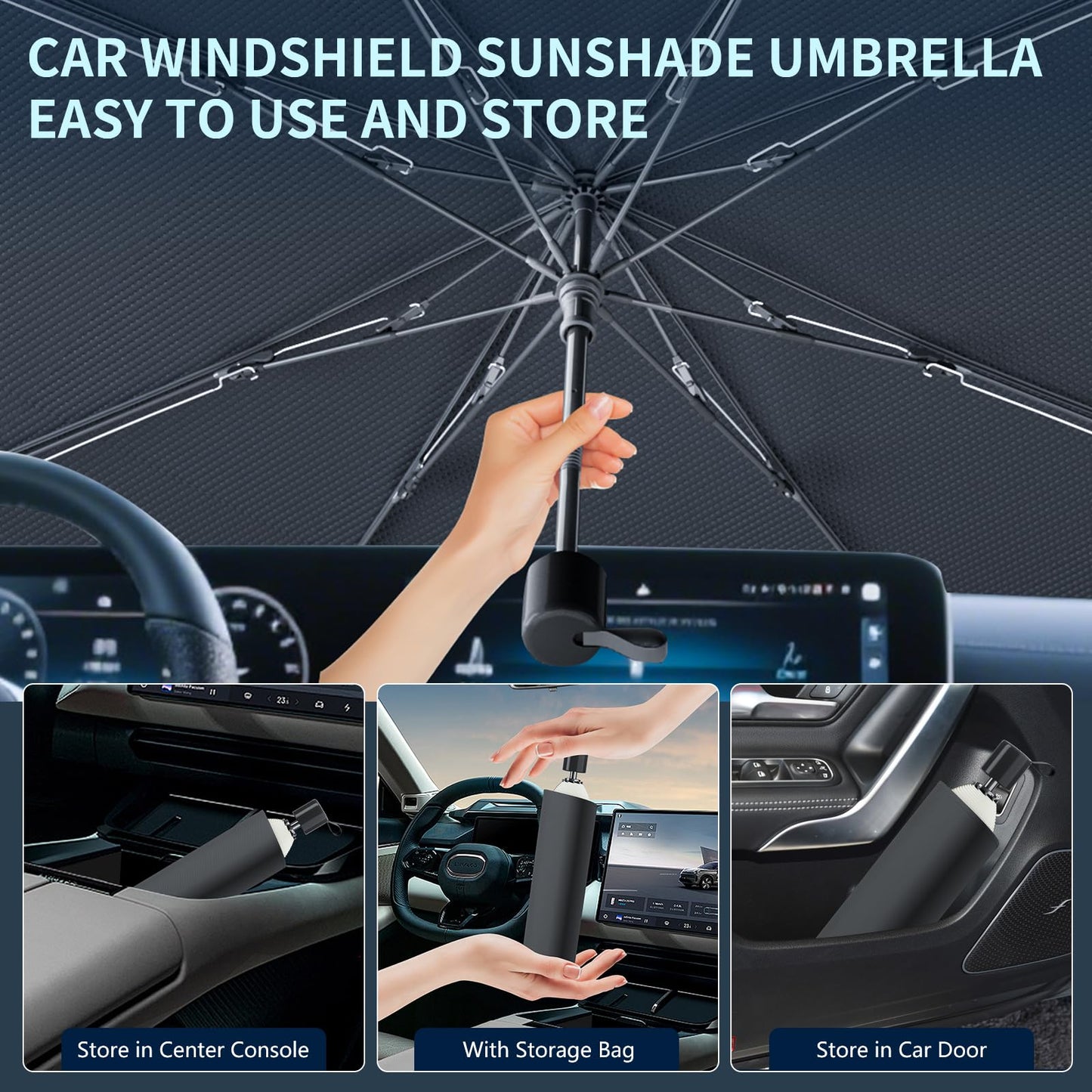 Tecoom Umbrella Sun Shade for Car Windshield 57"x32", Upgrade Double Heat Shield Coating, Front Vehicle Window Visor Sunshade Cover Universal for Sedan SUV, Automotive Interior Sun Protection UV Block