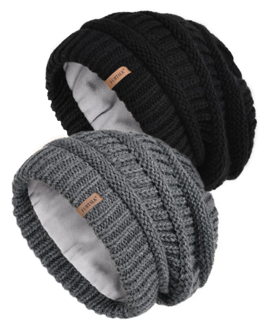 FURTALK Knit Beanie Hats for Women Men Fleece Lined Ski Skull Cap Slouchy Winter Hat 2PCS