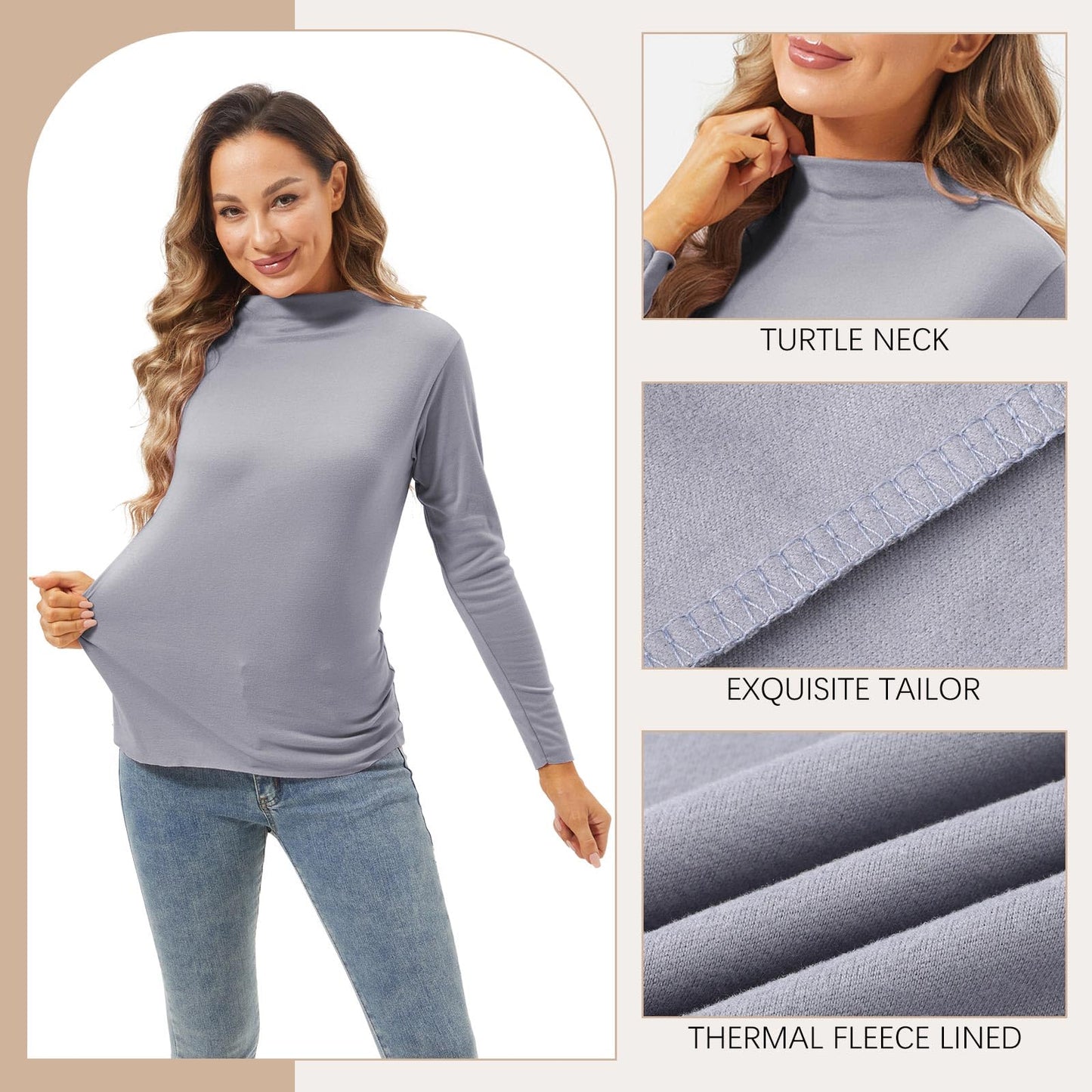 Geyoga 3 Pcs Women Mock Turtleneck Long Sleeve Shirts Neck Slim Fit Traceless Tops Winter Thermal Underwear Fleece Lined Top(Black, Grey, Coffee,L)