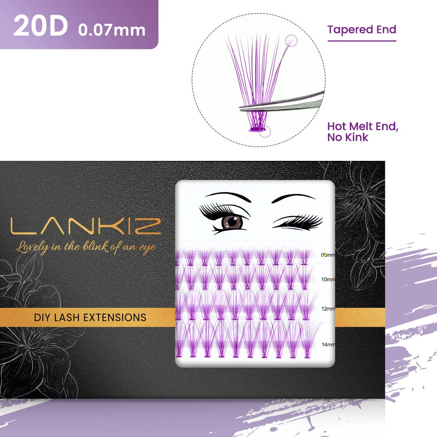 LANKIZ DIY Lash Extensions, 20D Purple Colored Individual Lashes, Flat-band Cluster Lashes for Eyelash Extensions, 0.07 mm 8-14mm Mix Faux Mink False Eyelashes for Home & Salon Use