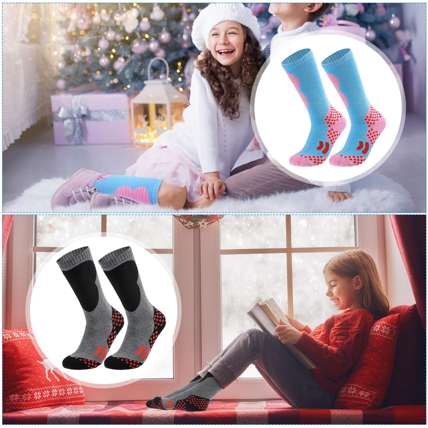 Geyoga Kids Ski Socks 4 Pairs Winter Warm Long Knee Snow Skiing Snowboard Skating Socks for Boy Girl Christmas Activities (Vintage Pattern)
