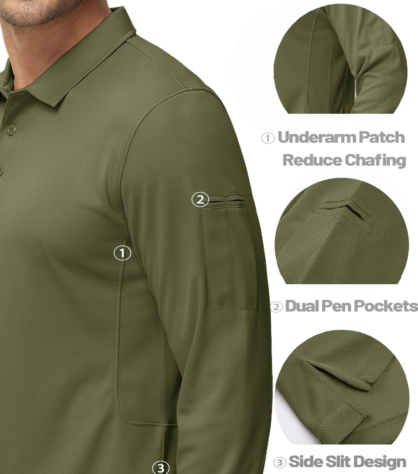 Work Shirts for Men Long Sleeve 3 Buttons Fishing Shirt Pique Polo Shirt Tactical Polo Quick Dry Shirt Men Casual Shirt Army Green